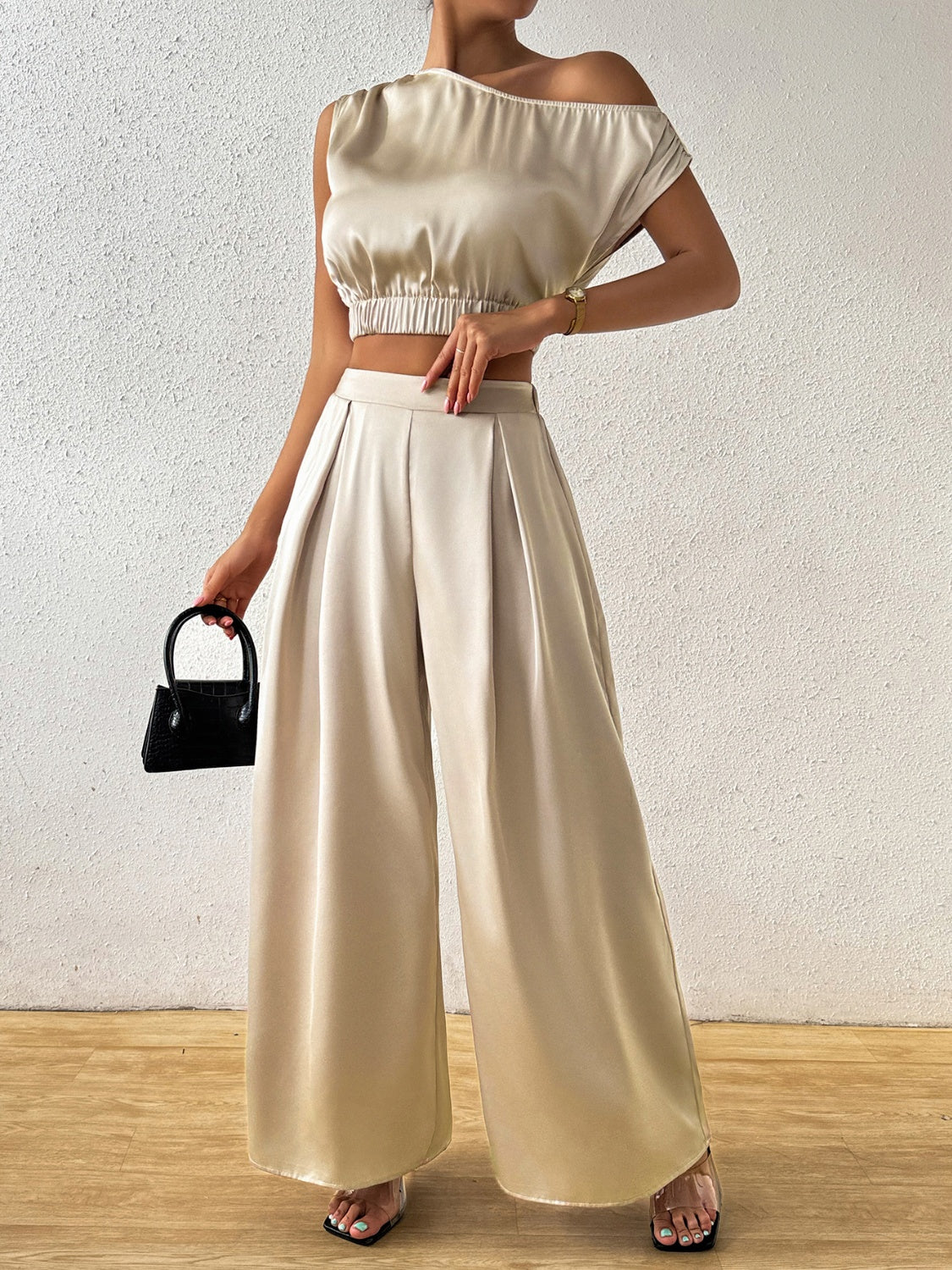 One Shoulder Short Sleeve Top and Wide Leg Pants Set-TOPS / DRESSES-[Adult]-[Female]-2022 Online Blue Zone Planet