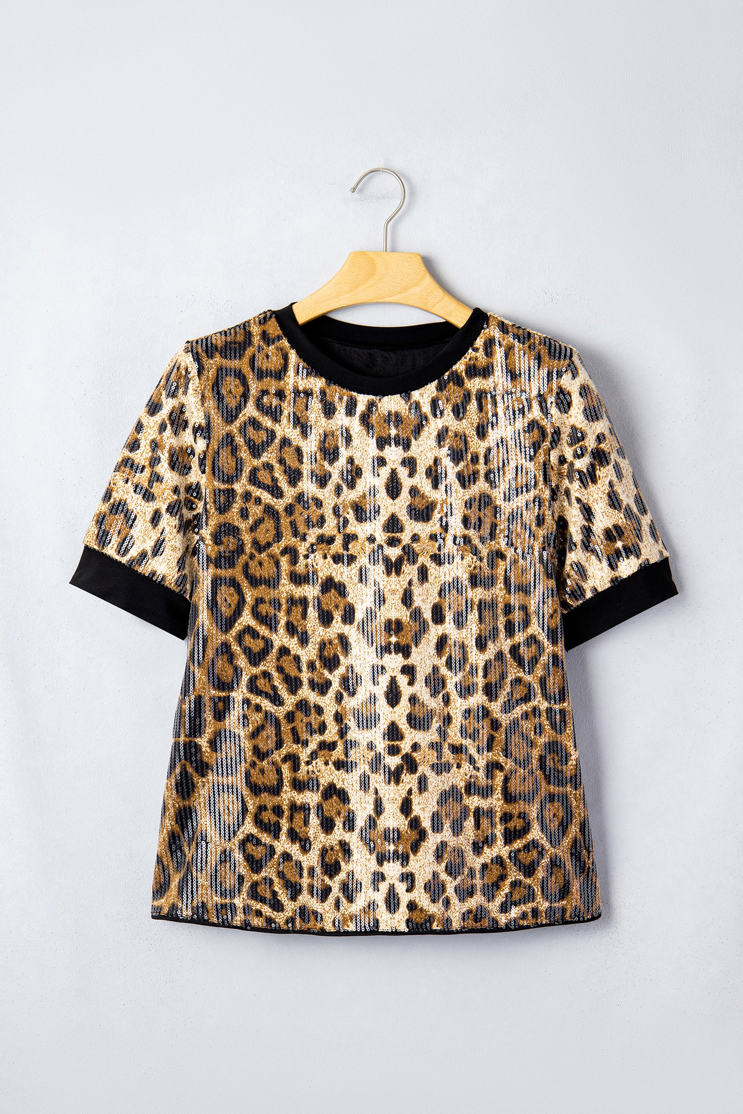 Brown Sequin Leopard Pattern Short Sleeve Top-Tops/Tops & Tees-[Adult]-[Female]-2022 Online Blue Zone Planet