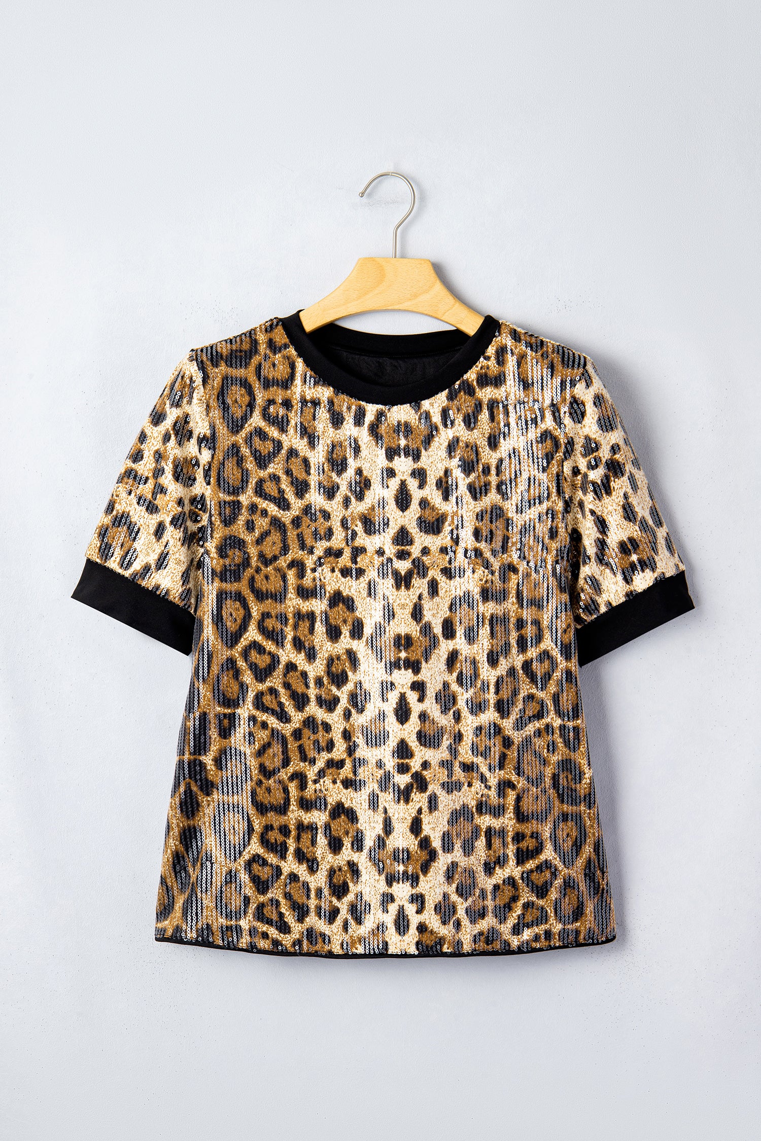 Brown Sequin Leopard Pattern Short Sleeve Top-Tops/Tops & Tees-[Adult]-[Female]-2022 Online Blue Zone Planet