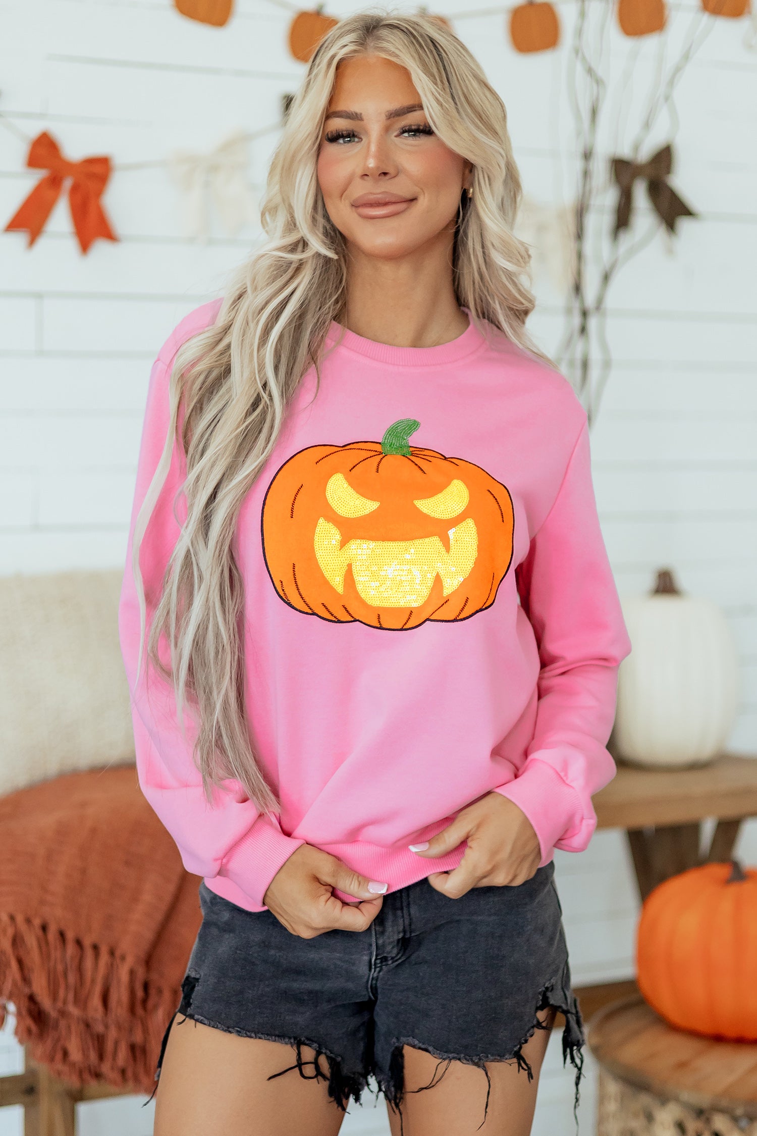 Pink Embroidered Pumpkin Face Long Sleeve Round Neck Sweatshirt-Tops/Sweatshirts & Hoodies-[Adult]-[Female]-2022 Online Blue Zone Planet
