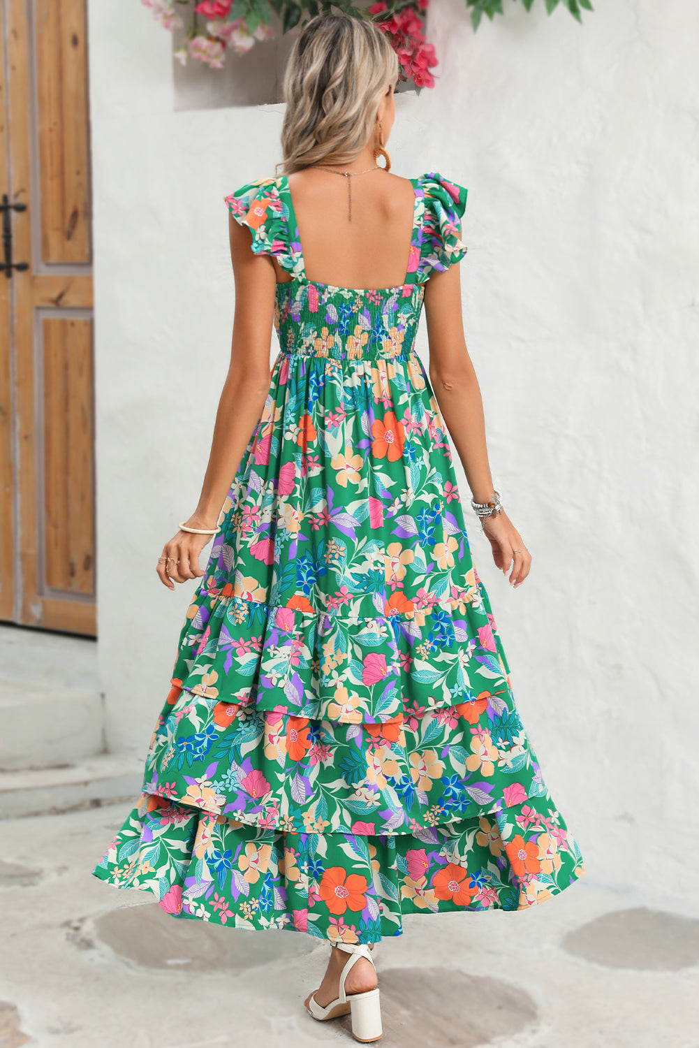 Pink Floral Print Sleeveless Ruffle Tiered Maxi Dress-Maxi Dresses-[Adult]-[Female]-2022 Online Blue Zone Planet