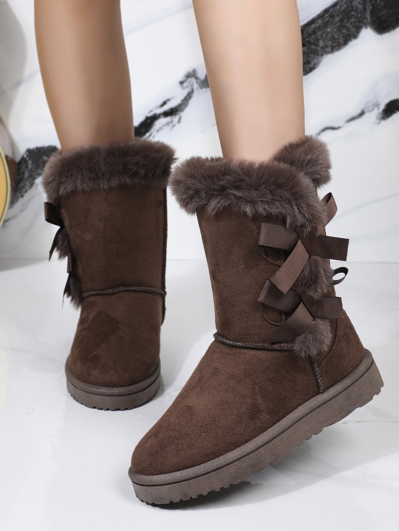 Blue Zone Planet | Bow Thermal Faux Fur Suede Boots-BOOTS-[Adult]-[Female]-Chocolate-37(US6)-2022 Online Blue Zone Planet