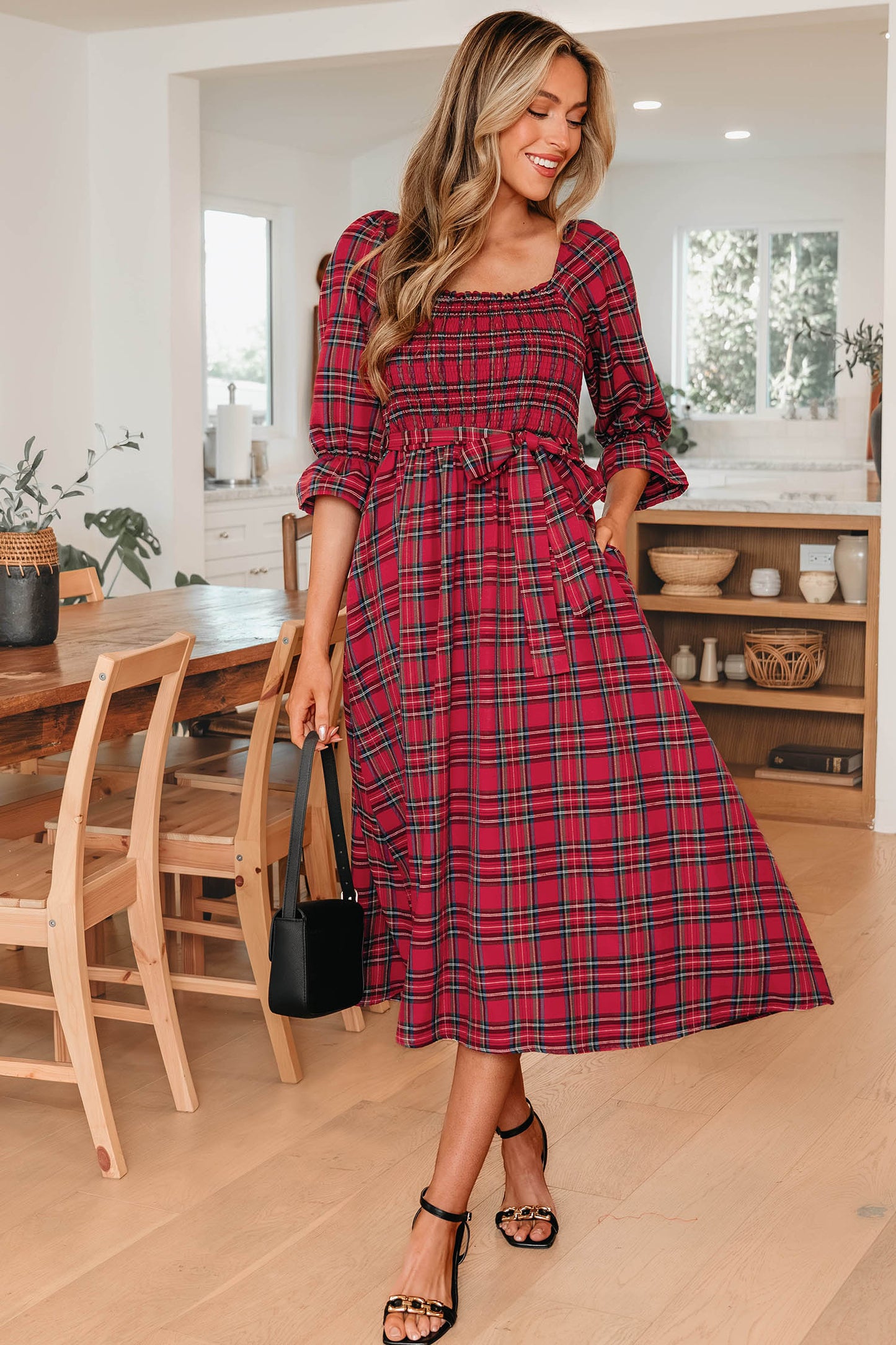 Red Tartan Plaid Square Neck Puff Sleeve Knot Waist Flared Midi Dress-TOPS / DRESSES-[Adult]-[Female]-2022 Online Blue Zone Planet