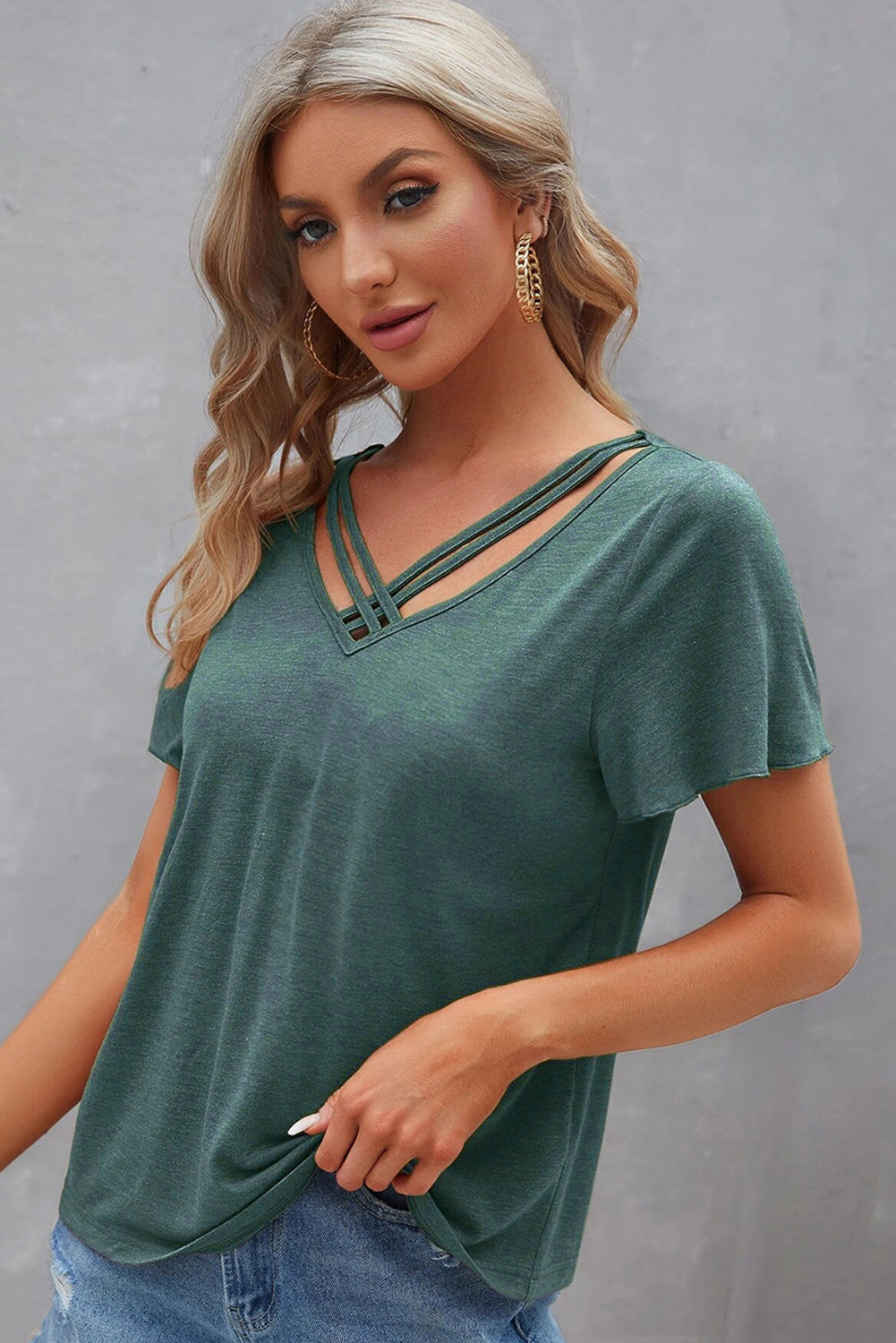 Mist Green Crisscross V Neck Butterfly Sleeve T Shirt-Tops/Tops & Tees-[Adult]-[Female]-2022 Online Blue Zone Planet