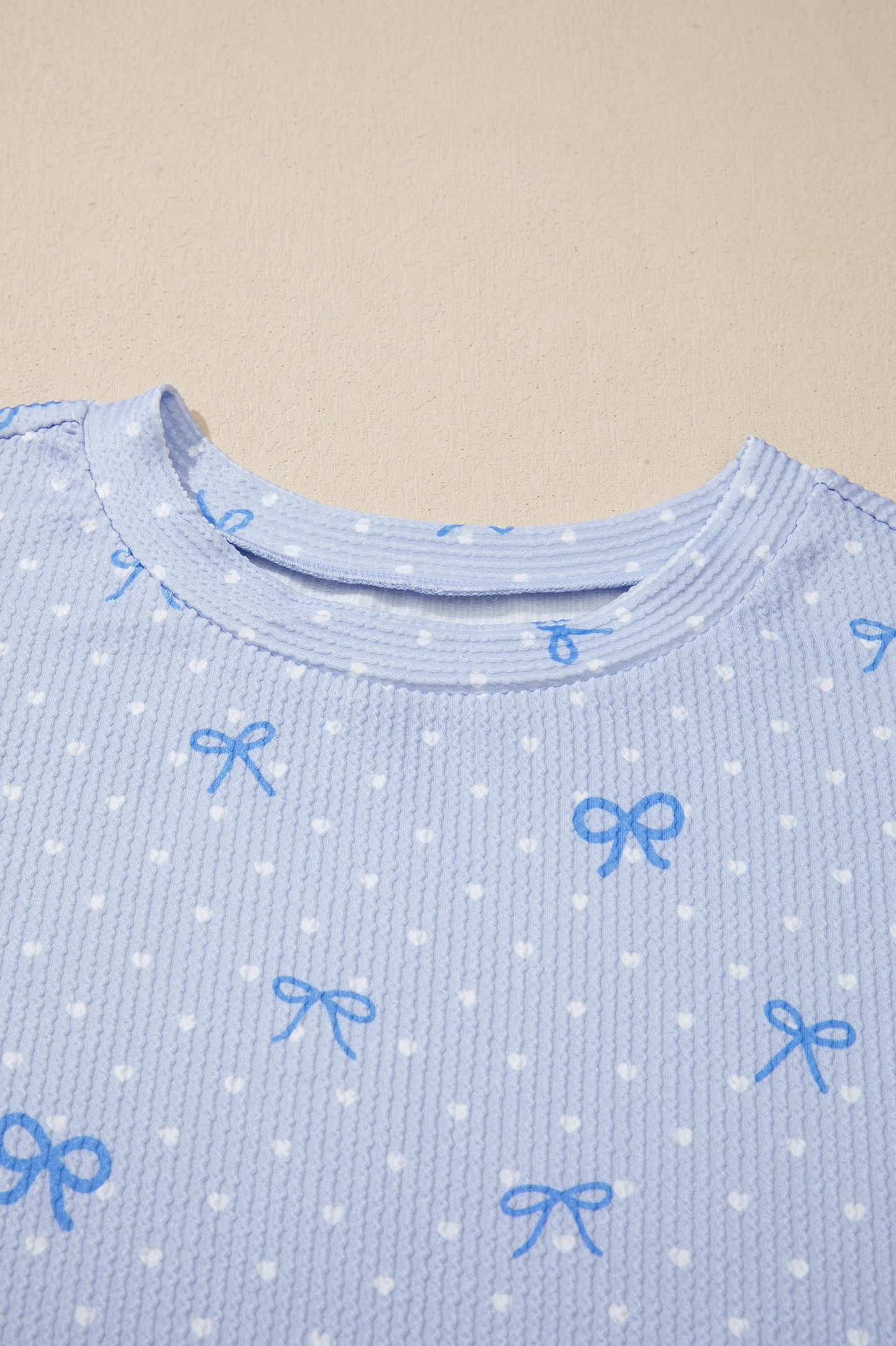 Sky Blue Tiny Heart Bow Print Twisted Rib Loose 2pcs Short Set-Two Piece Sets/Short Sets-[Adult]-[Female]-2022 Online Blue Zone Planet