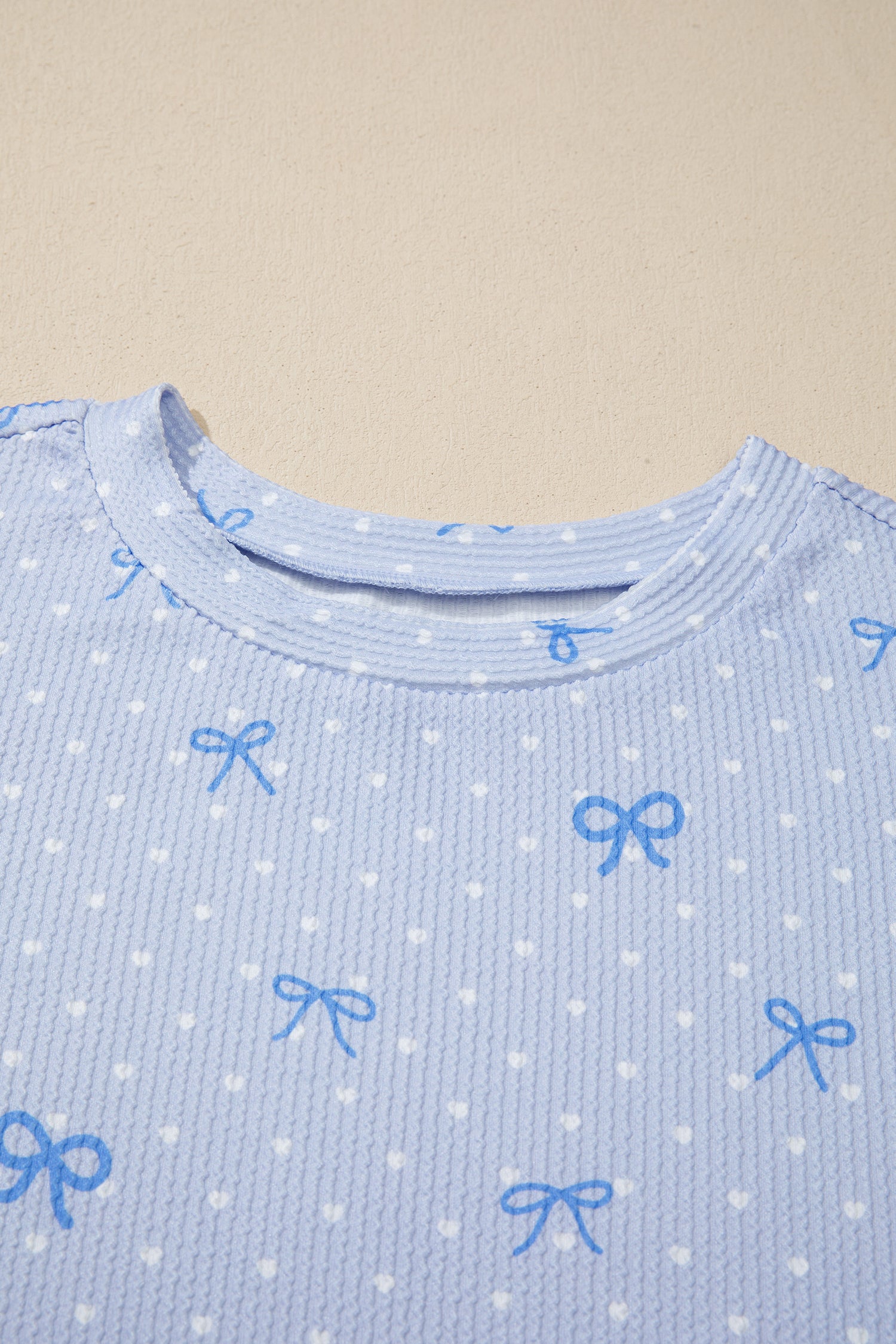 Sky Blue Tiny Heart Bow Print Twisted Rib Loose 2pcs Short Set-Two Piece Sets/Short Sets-[Adult]-[Female]-2022 Online Blue Zone Planet