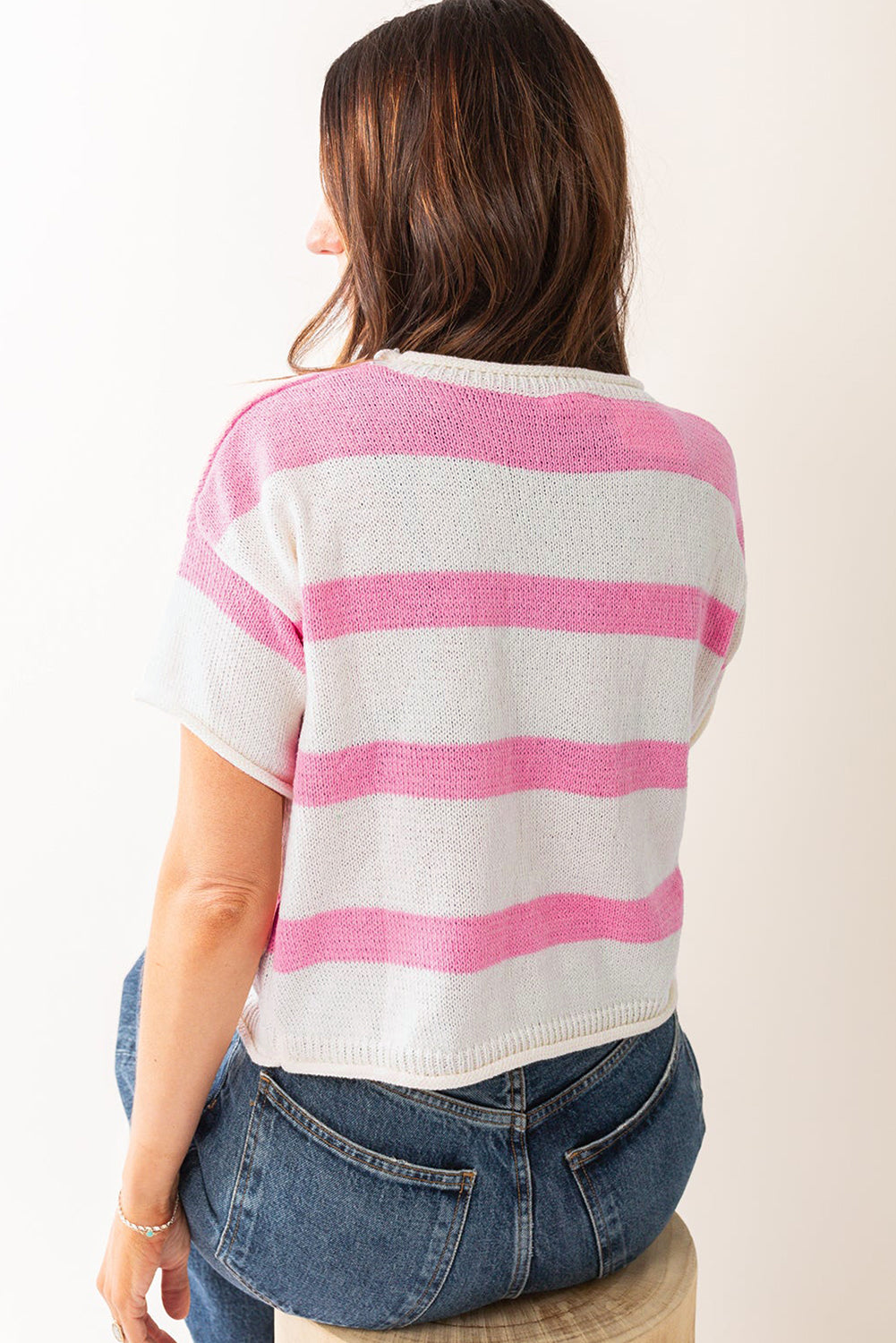 Khaki Stripe Dropped Short Sleeve Lightweight Knitted Top-Tops/Short Sleeve Sweaters-[Adult]-[Female]-2022 Online Blue Zone Planet