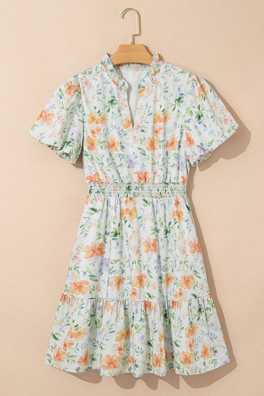 Beige Floral Print Shirred High Waist Puff Sleeve Mini Dress-TOPS / DRESSES-[Adult]-[Female]-2022 Online Blue Zone Planet