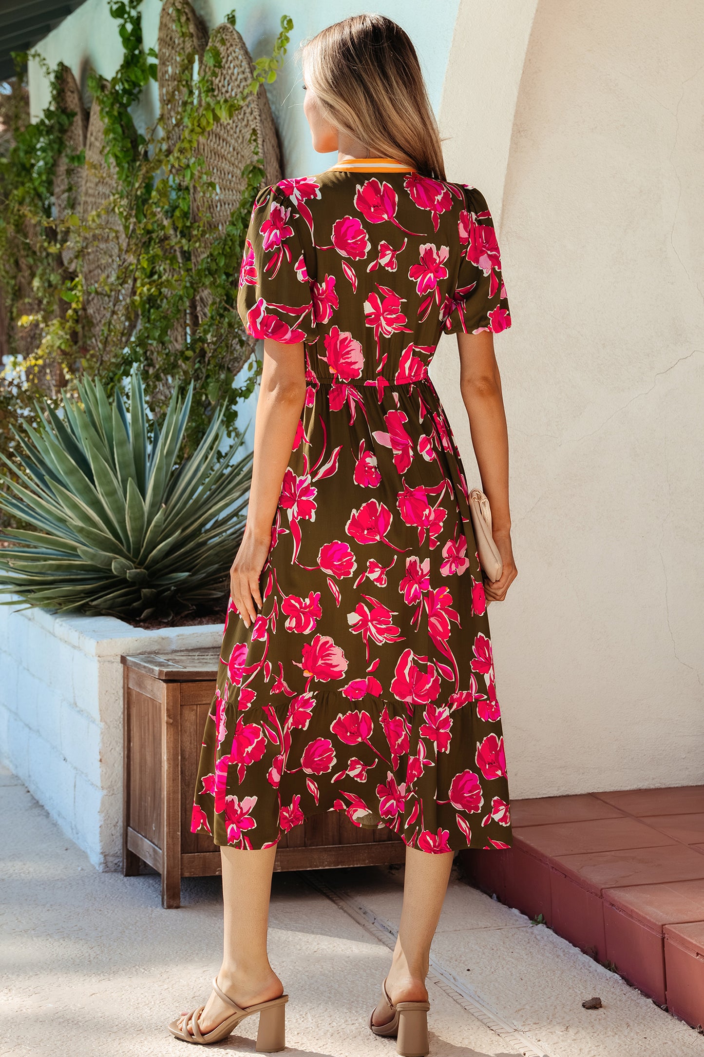 Green Floral Print Striped Trim Split Neck Short Puff Sleeve Ruffle Hem Maxi Dress-TOPS / DRESSES-[Adult]-[Female]-2022 Online Blue Zone Planet