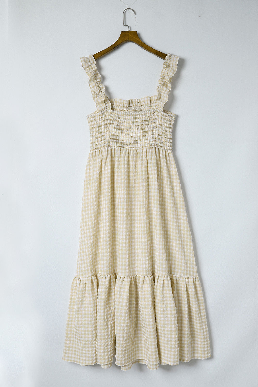 Blue Zone Planet | Khaki Plaid Ruffled Sleeve Smocked Maxi Dress-TOPS / DRESSES-[Adult]-[Female]-2022 Online Blue Zone Planet