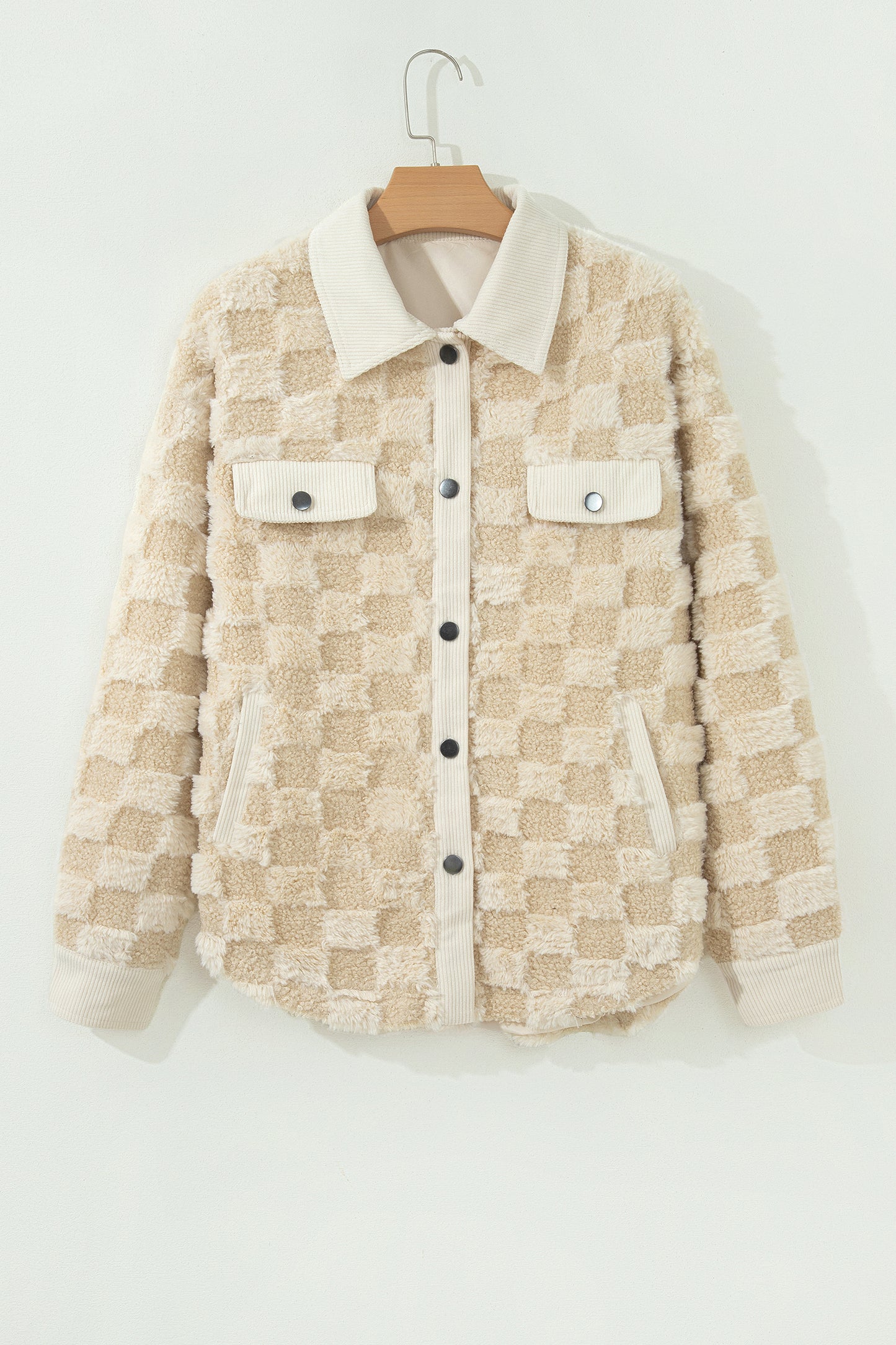 Khaki Plush Checkered Corduroy Trim Metal Button Long Sleeve Shift Silhouette Shacket-Outerwear/Jackets-[Adult]-[Female]-2022 Online Blue Zone Planet
