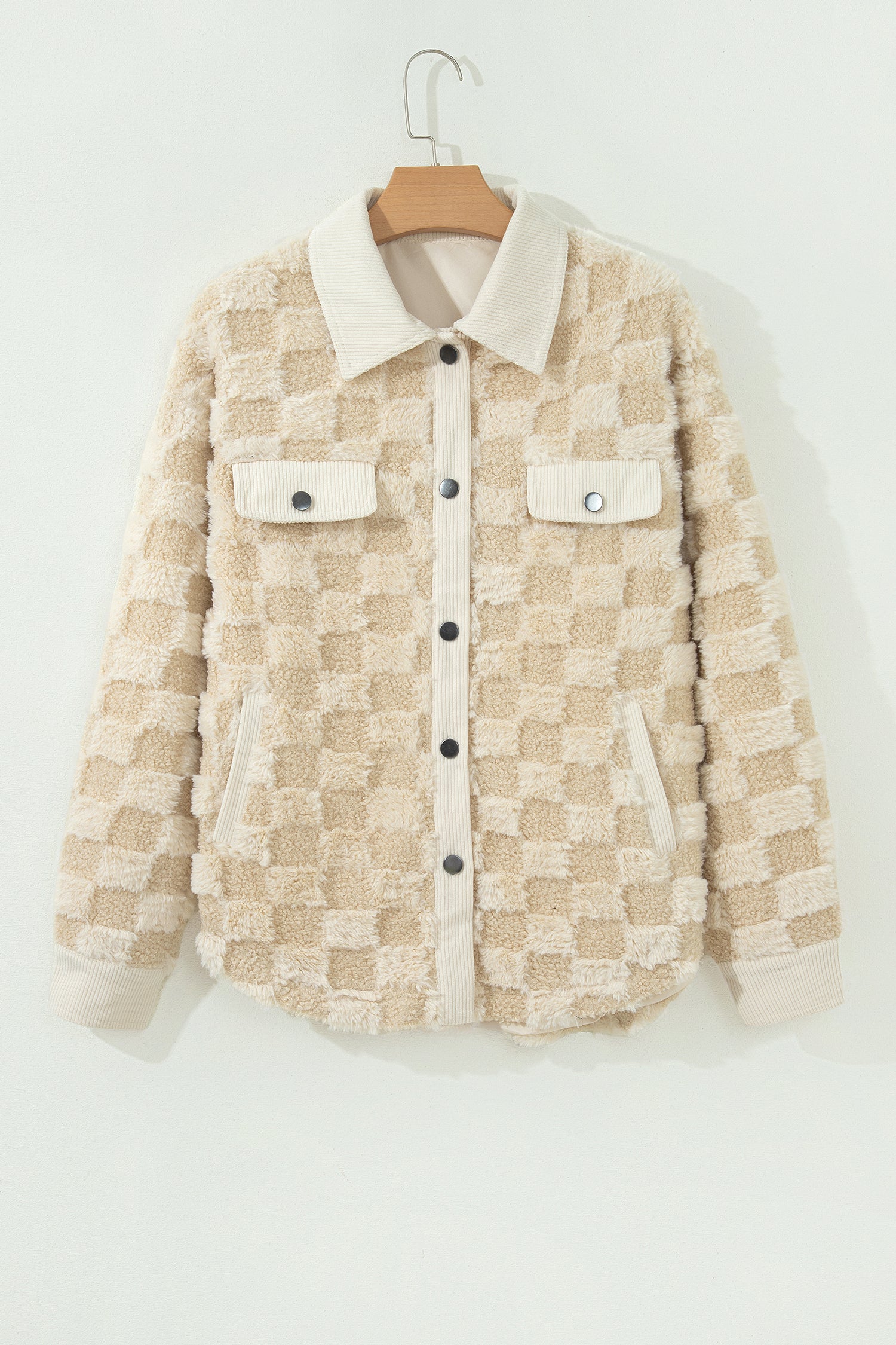 Khaki Plush Checkered Corduroy Trim Metal Button Long Sleeve Shift Silhouette Shacket-Outerwear/Jackets-[Adult]-[Female]-2022 Online Blue Zone Planet