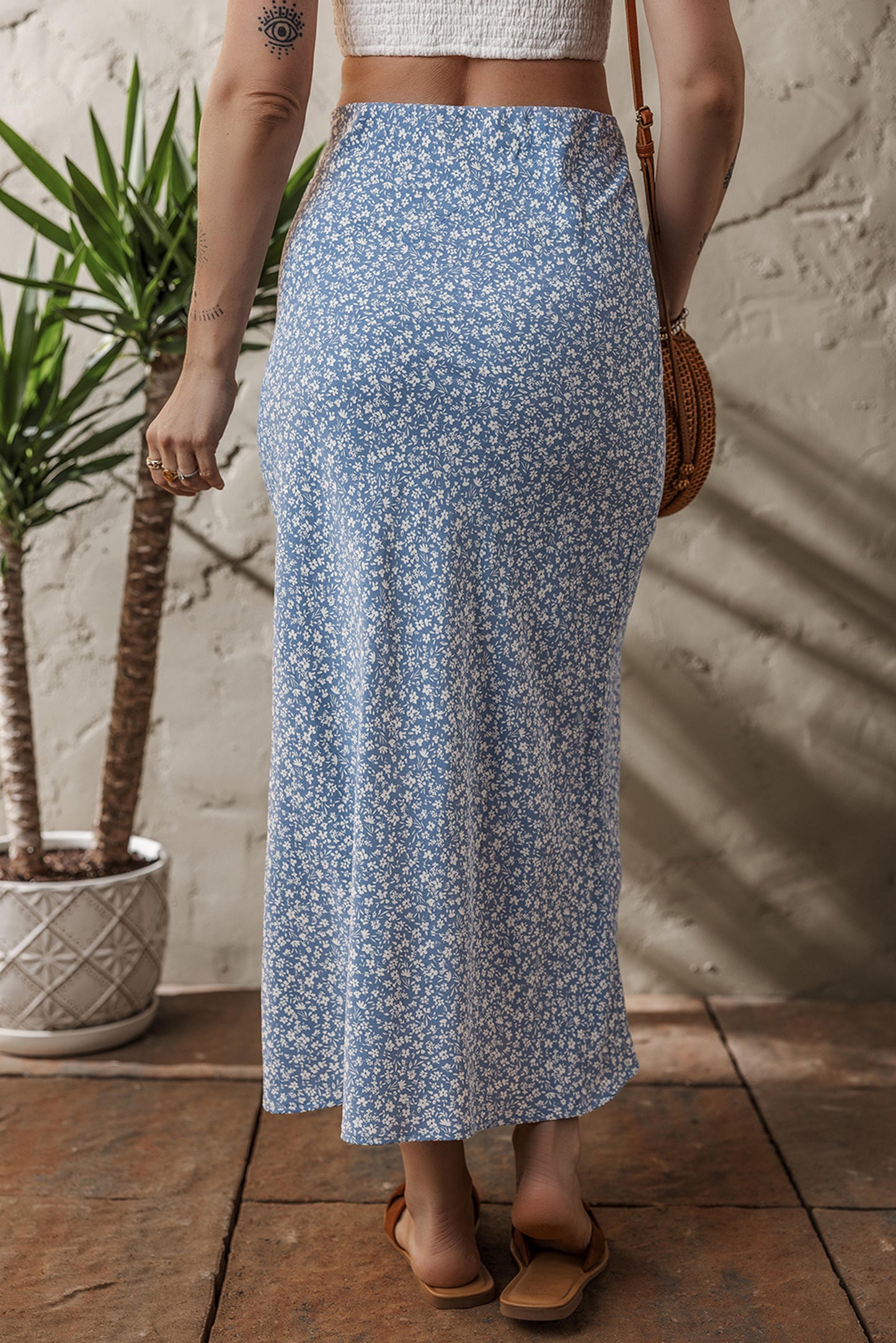 Sky Blue Boho Floral High Waist Long Skirt With Side Split-Bottoms/Skirts & Petticoat-[Adult]-[Female]-2022 Online Blue Zone Planet