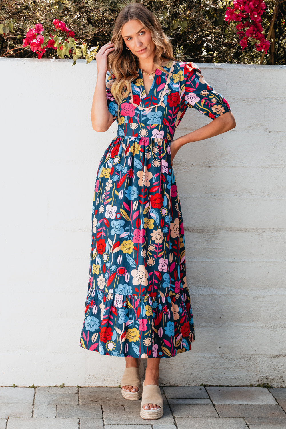 Green Retro Floral Printed Split Neck Maxi Dress Blue Zone Planet