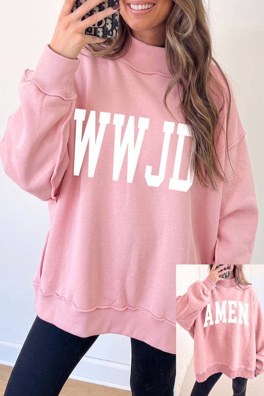 Light Pink WWJD/ AMEN Double Side Printed Mock Neck Reversible Sweatshirt-Graphic/Graphic Sweatshirts-[Adult]-[Female]-Light Pink-S-2022 Online Blue Zone Planet