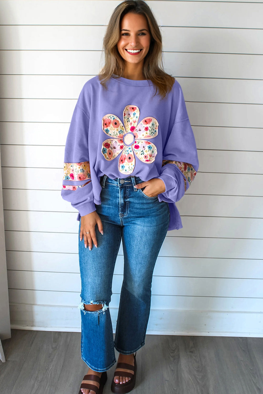 Wisteria Floral Applique Baggy Pullover Sweatshirt-Tops/Sweatshirts & Hoodies-[Adult]-[Female]-2022 Online Blue Zone Planet