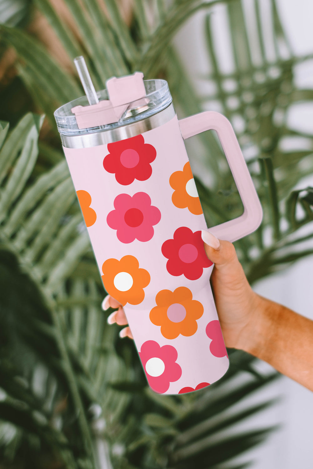 Multicolor Flower Print Handled Stainless Steel Vacuum Cup 40oz-Accessories/Tumblers-[Adult]-[Female]-2022 Online Blue Zone Planet