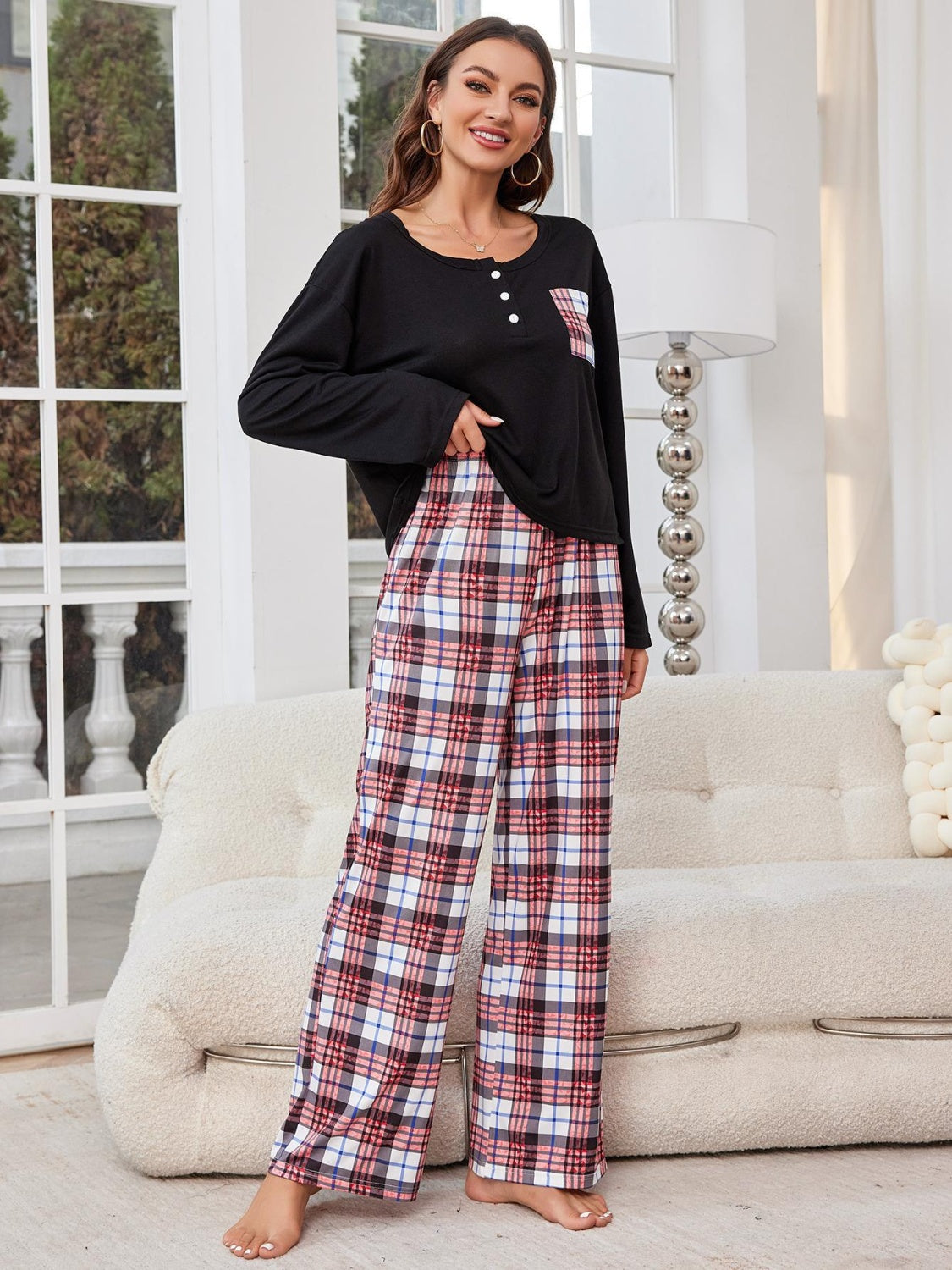 Round Neck Long Sleeve Top and Plaid Pants Lounge Set-TOPS / DRESSES-[Adult]-[Female]-2022 Online Blue Zone Planet