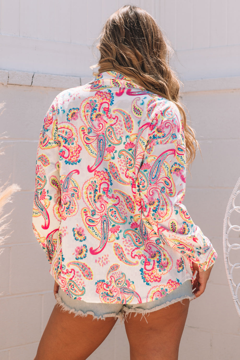 White Paisley Pattern Print Buttoned Corduroy Shacket-Outerwear/Jackets-[Adult]-[Female]-2022 Online Blue Zone Planet