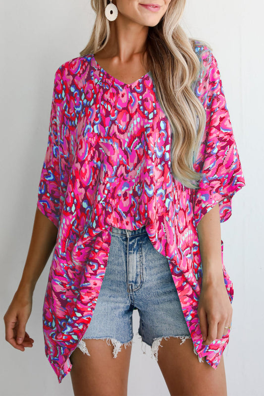 Pink Abstract Print V Neck Half Sleeve Loose Fit Tunic Blouse-Tops/Blouses & Shirts-[Adult]-[Female]-Pink-S-2022 Online Blue Zone Planet