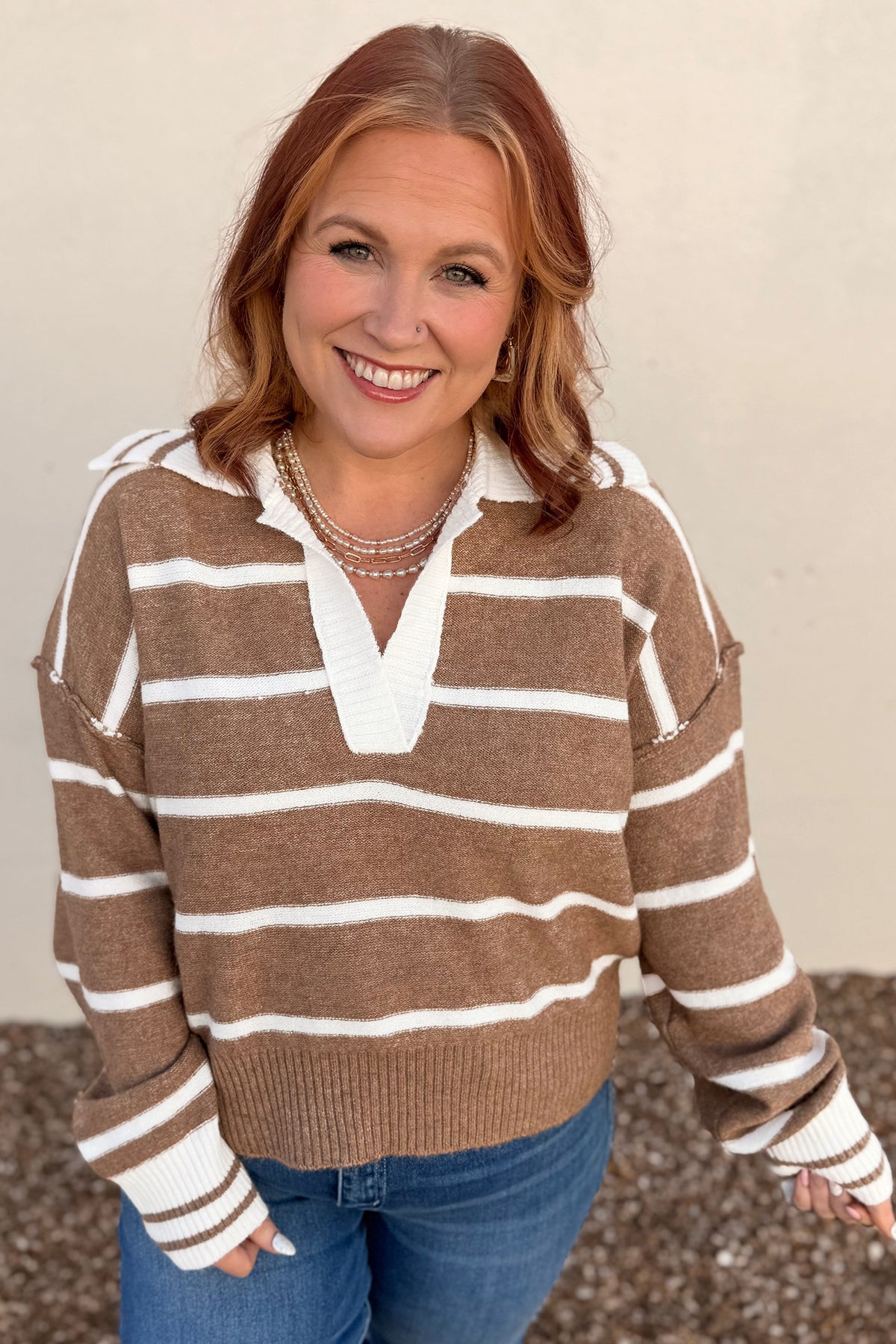 Brown Stripe Striped V Neck Long Sleeve Shift Plus Size Sweater