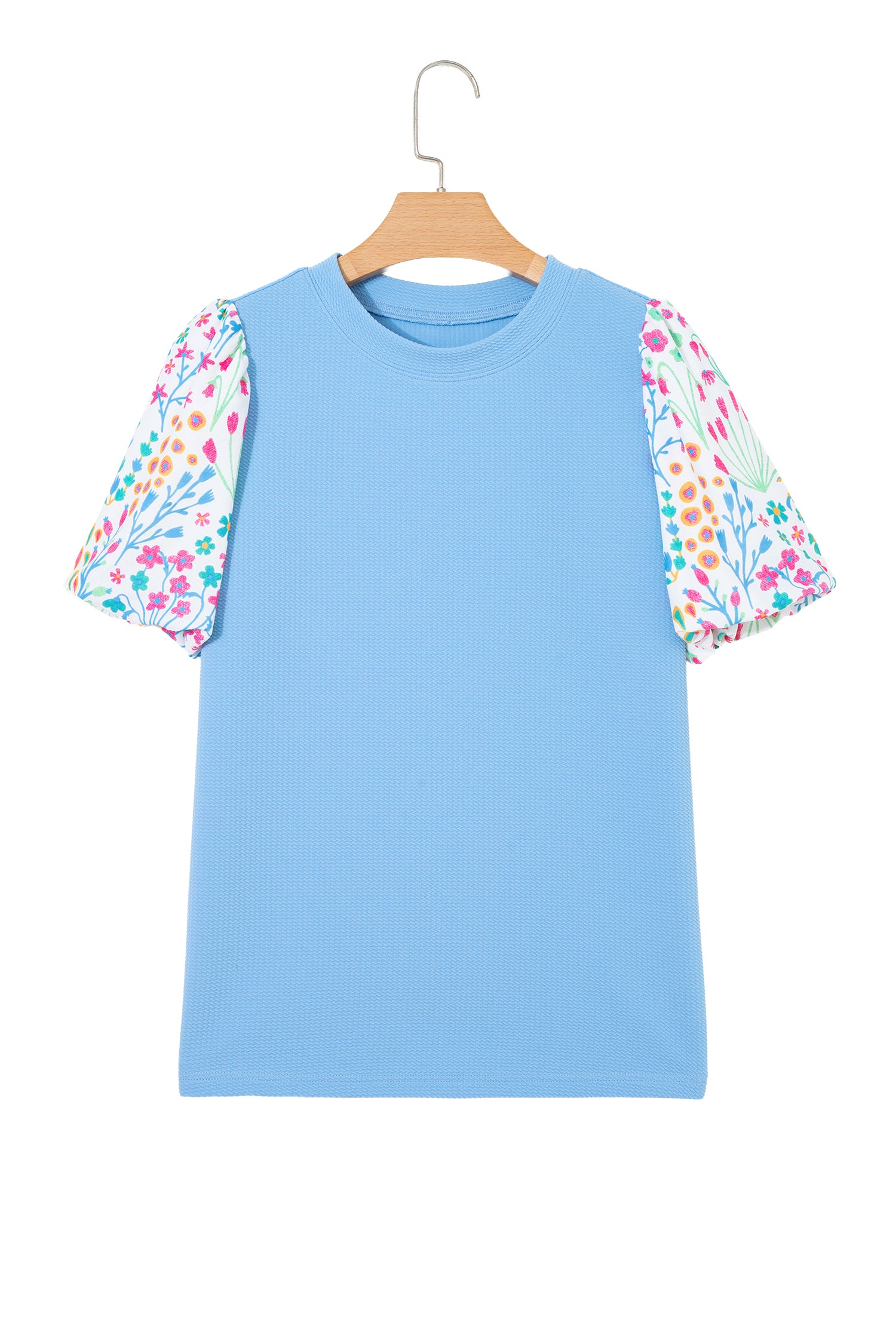 Light Blue Round Neck Textured Contrast Floral Bubble Sleeve Blouse-Tops/Blouses & Shirts-[Adult]-[Female]-2022 Online Blue Zone Planet