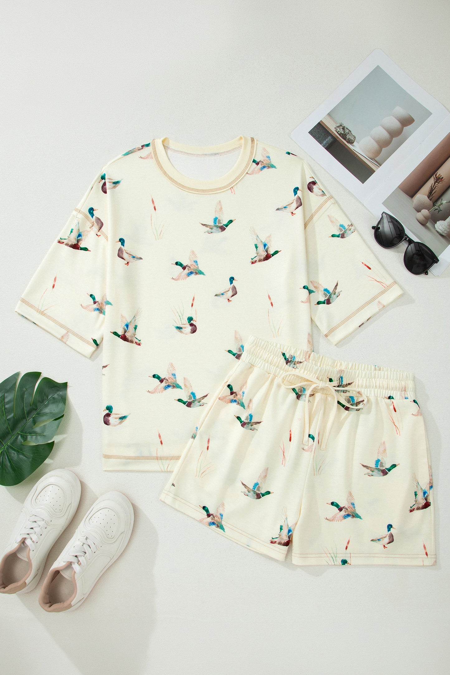 Beige Mallard Duck Print Oversized Tee Drawstring Short Set-Two Piece Sets/Short Sets-[Adult]-[Female]-2022 Online Blue Zone Planet