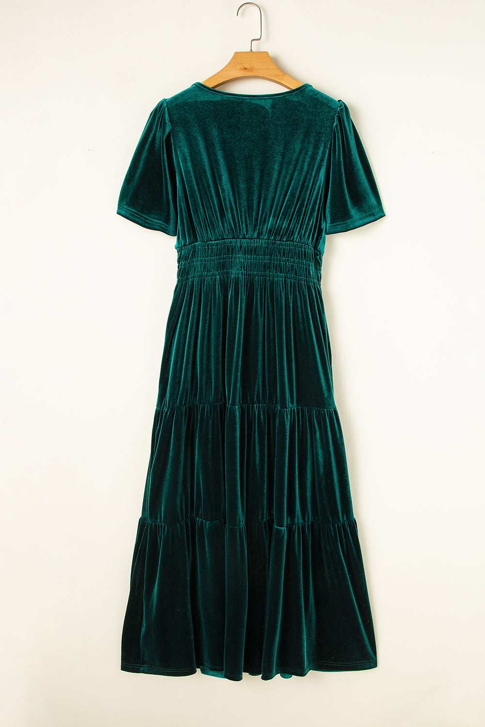 Prussian Blue Velvet Short Sleeve Shirred Waist Tiered Maxi Dress-Maxi Dresses-[Adult]-[Female]-2022 Online Blue Zone Planet