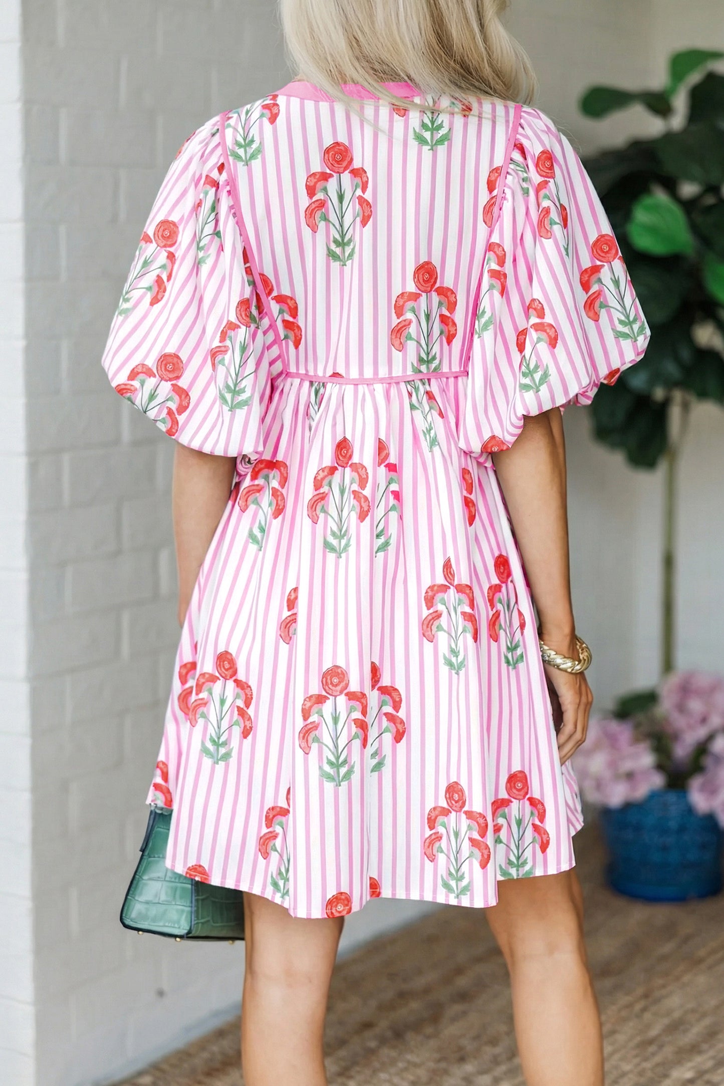 Pink Floral Striped Print Tie Notched Neck Puff Sleeve Flared Mini Dress-Dresses/Floral Dresses-[Adult]-[Female]-2022 Online Blue Zone Planet