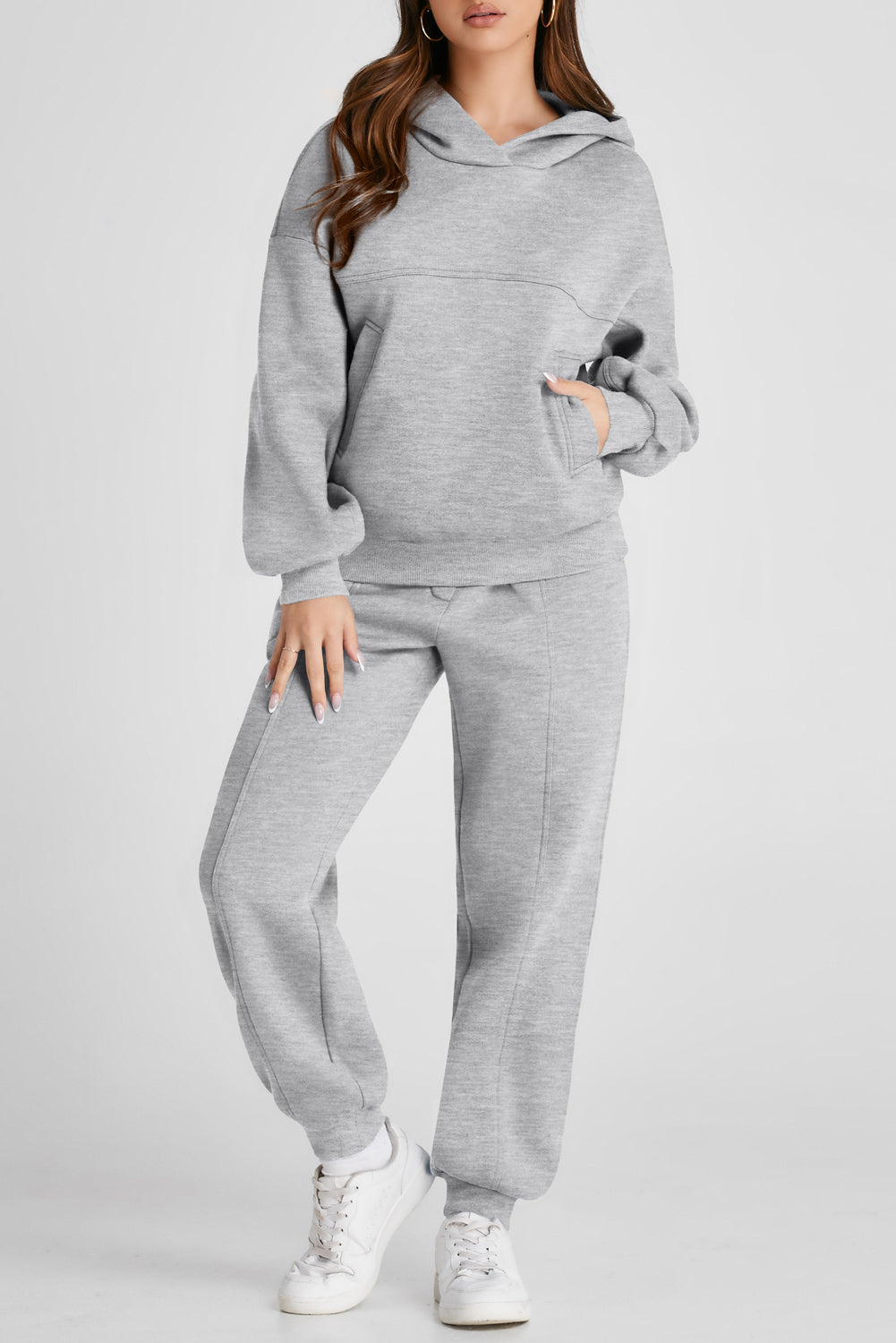 Blue Zone Planet | Dropped Shoulder Long Sleeve Hoodie and Pants Active Set-TOPS / DRESSES-[Adult]-[Female]-Gray-S-2022 Online Blue Zone Planet