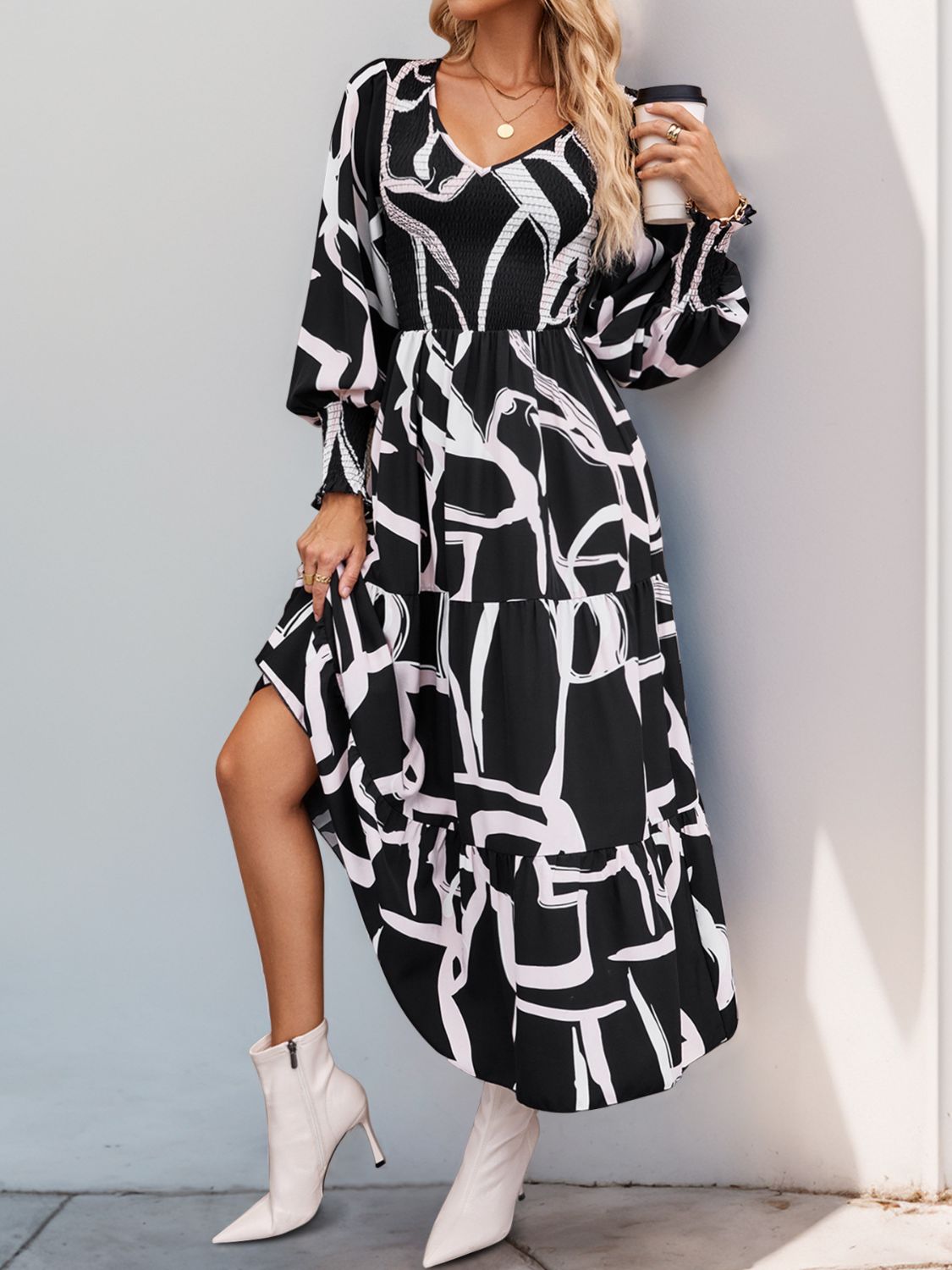 Perfee Smocked Printed Long Sleeve Midi Dress-TOPS / DRESSES-[Adult]-[Female]-2022 Online Blue Zone Planet