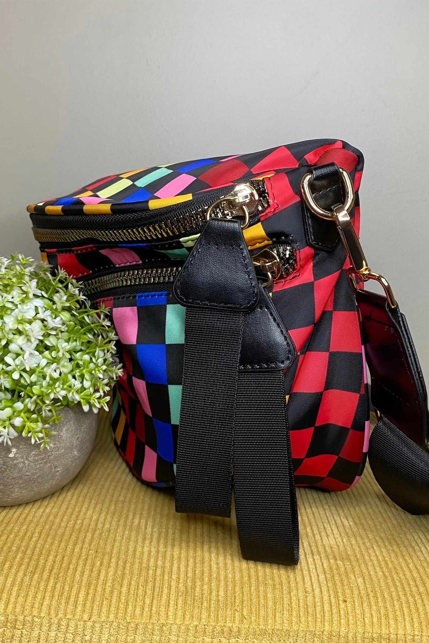 Color black Pretty Checkerboard Canvas Double Zip Crossbody Bag