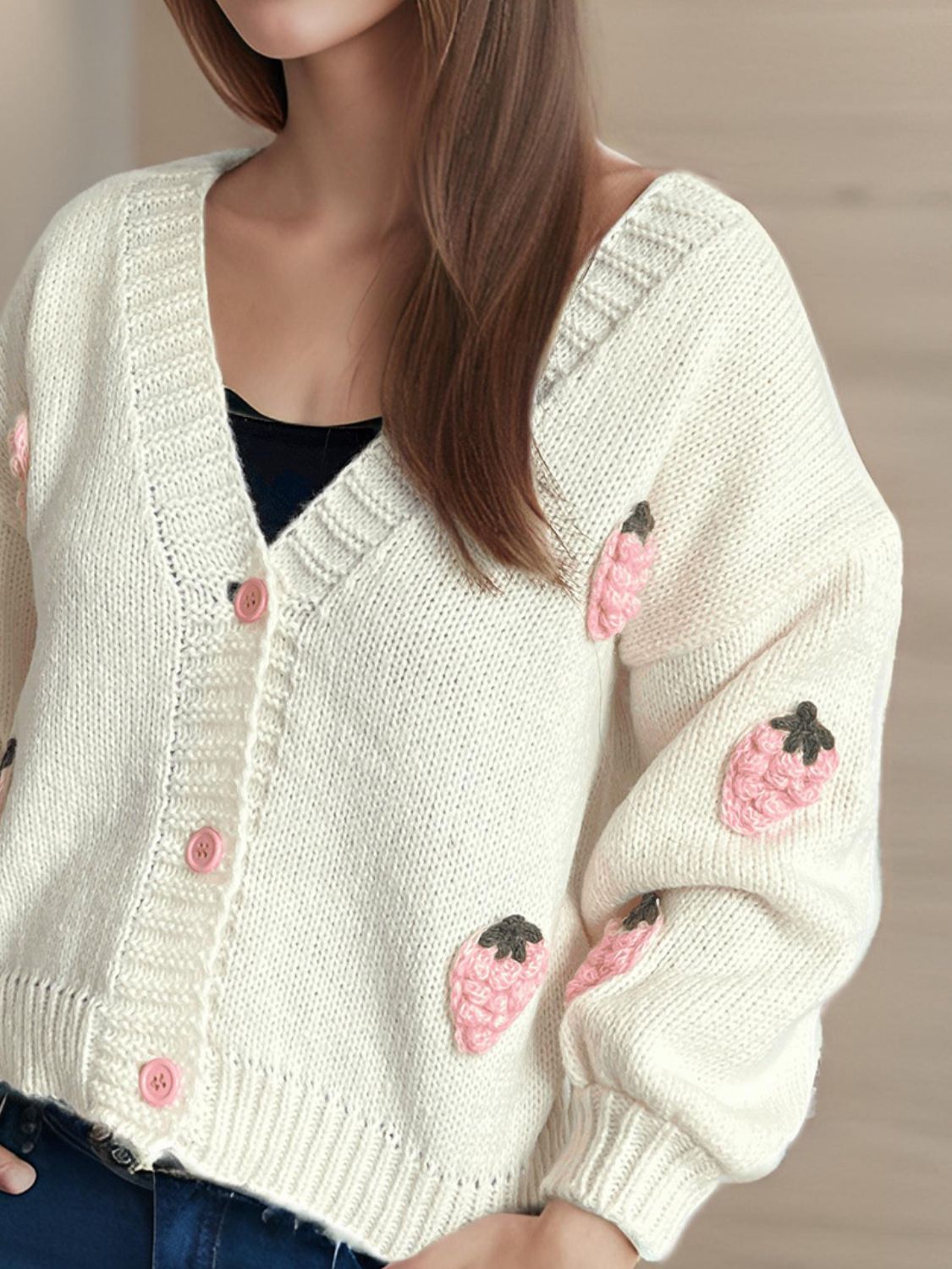 Crochet Strawberry V-Neck Long Sleeve Cardigan-NEW ARRIVALS-[Adult]-[Female]-2022 Online Blue Zone Planet