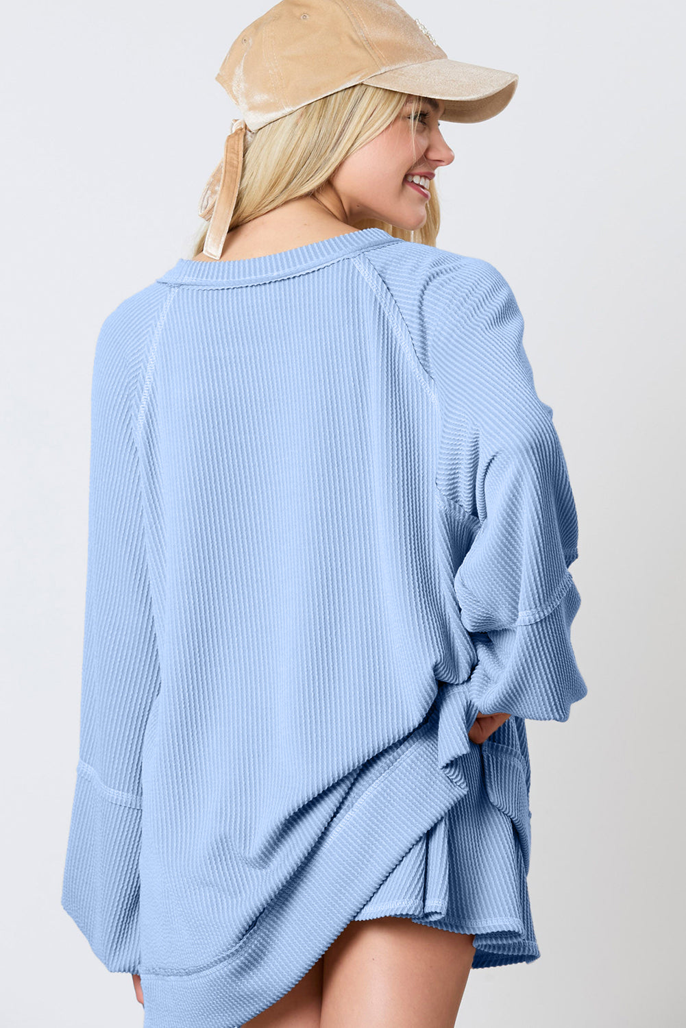 Sky Blue Corded Lantern Sleeve Pullover Ruffle Mini Skirt Set-Two Piece Skirt Sets-[Adult]-[Female]-2022 Online Blue Zone Planet