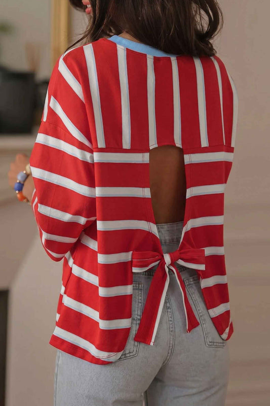 Racing Red Striped Bow Tie Hollowed Back 7/8 Sleeve Casual T-Shirt-Tops/Long Sleeve Tops-[Adult]-[Female]-Racing Red-S-2022 Online Blue Zone Planet