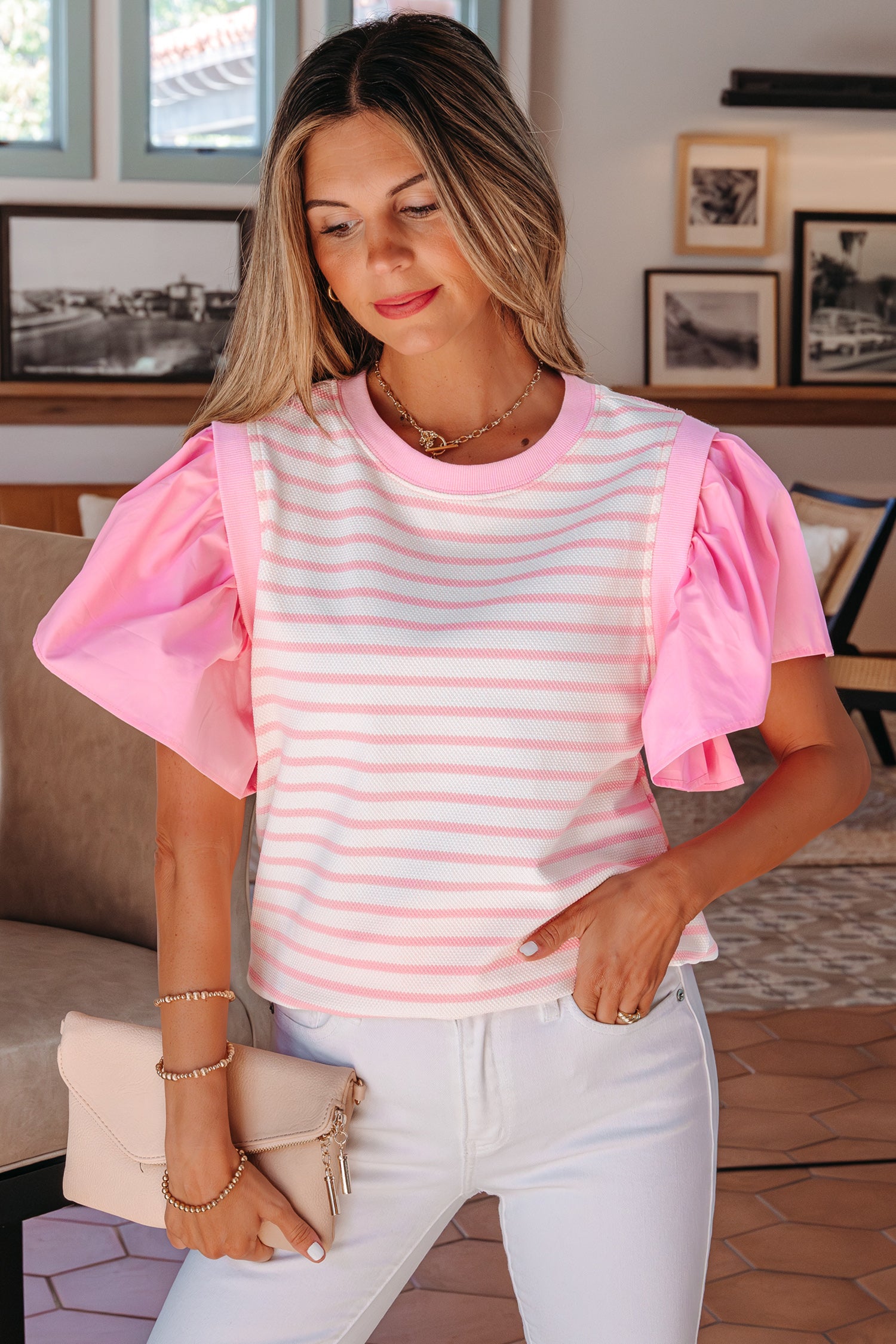Pink Stripe Ruffled Short Sleeve Patchwork Blouse-Tops/Blouses & Shirts-[Adult]-[Female]-2022 Online Blue Zone Planet