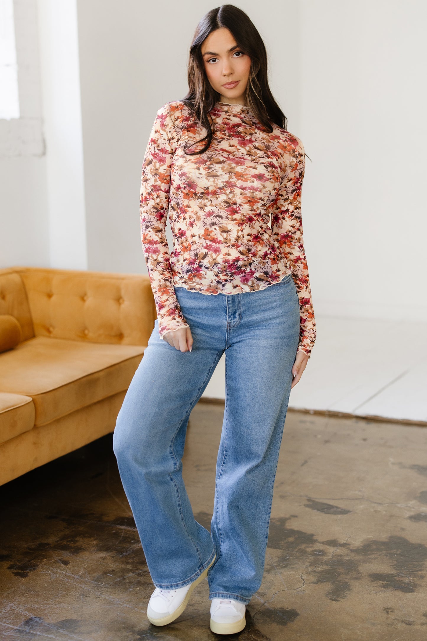 Red Lettuce Trim Floral Print Mesh Long Sleeve Top-Tops/Long Sleeve Tops-[Adult]-[Female]-2022 Online Blue Zone Planet