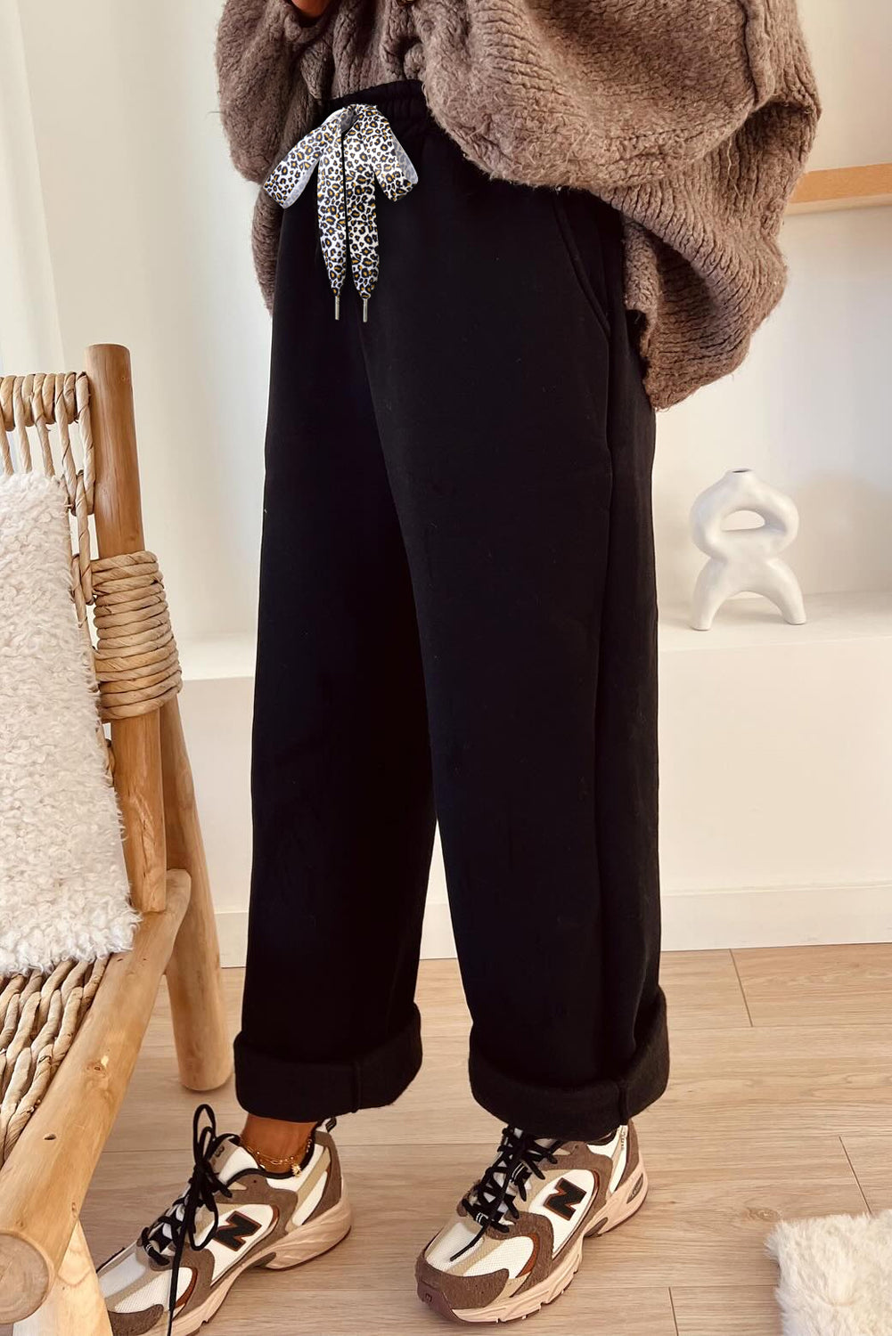 Coffee Fleece Lined Leopard Drawstring Elastic Waist Solid Pants-Bottoms/Pants & Culotte-[Adult]-[Female]-2022 Online Blue Zone Planet