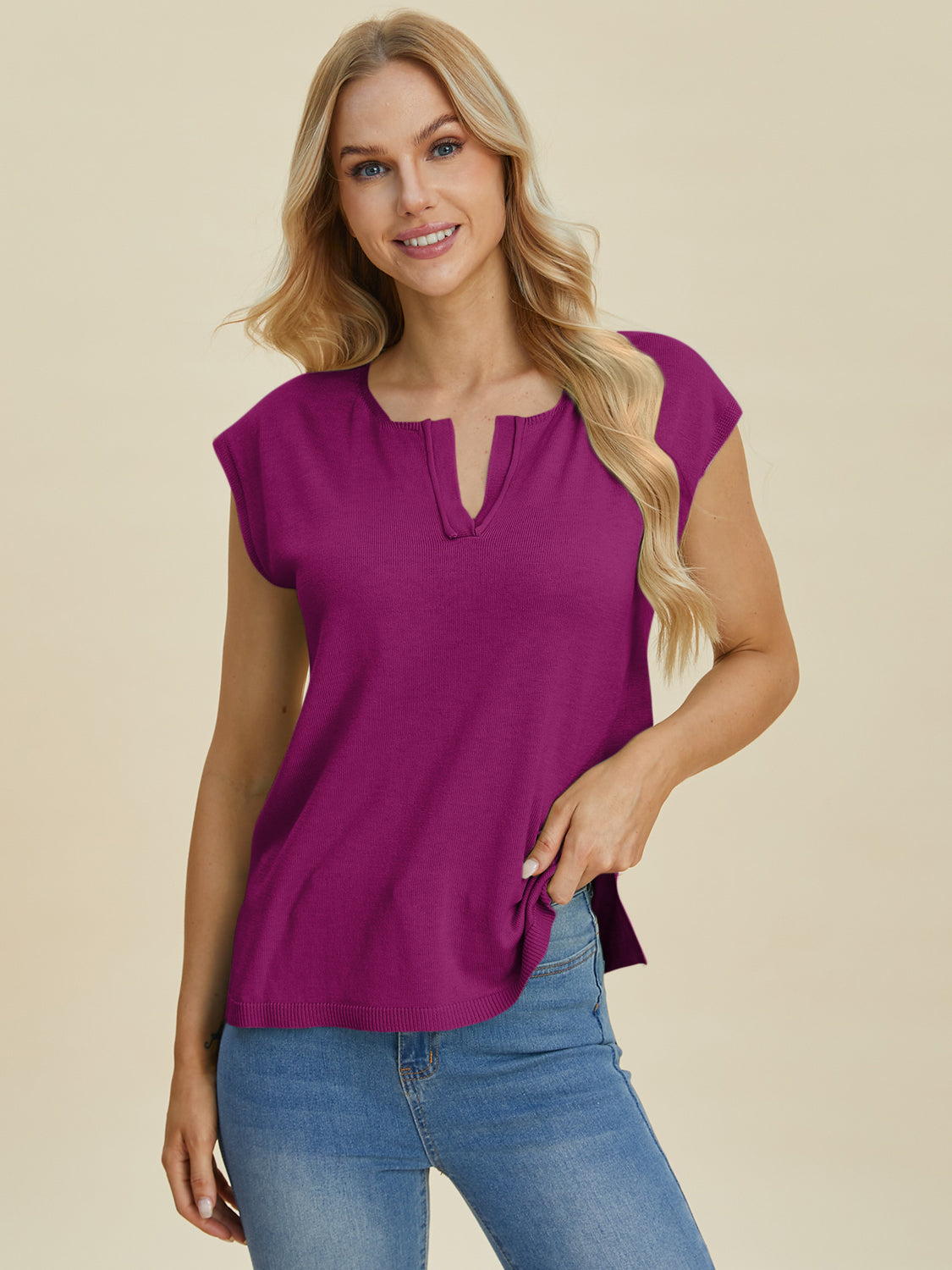 Double Take Full Size Notched Cap Sleeve Knit Top-TOPS / DRESSES-[Adult]-[Female]-2022 Online Blue Zone Planet