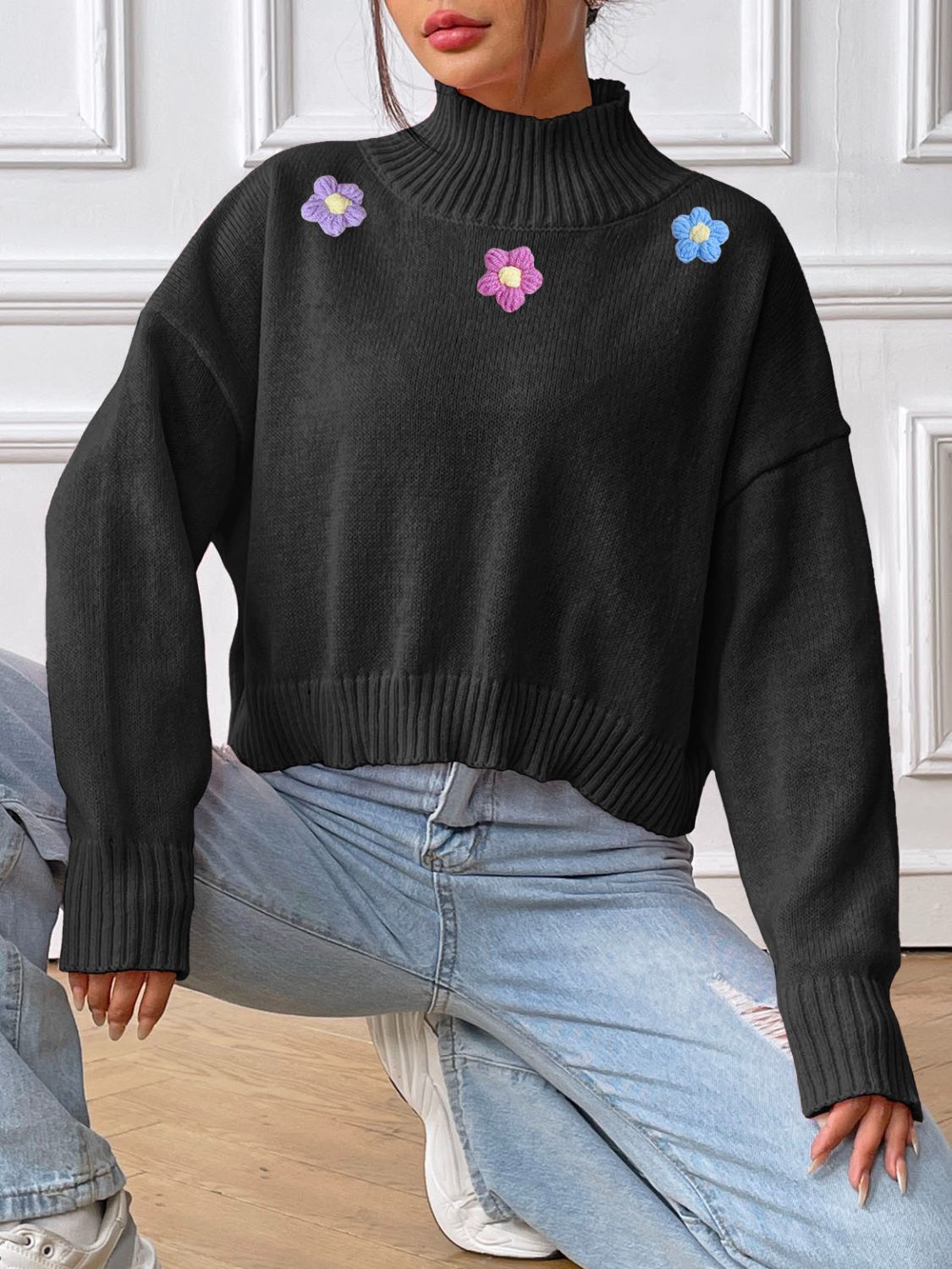 Blue Zone Planet | Flower Turtleneck Long Sleeve Sweater-TOPS / DRESSES-[Adult]-[Female]-2022 Online Blue Zone Planet