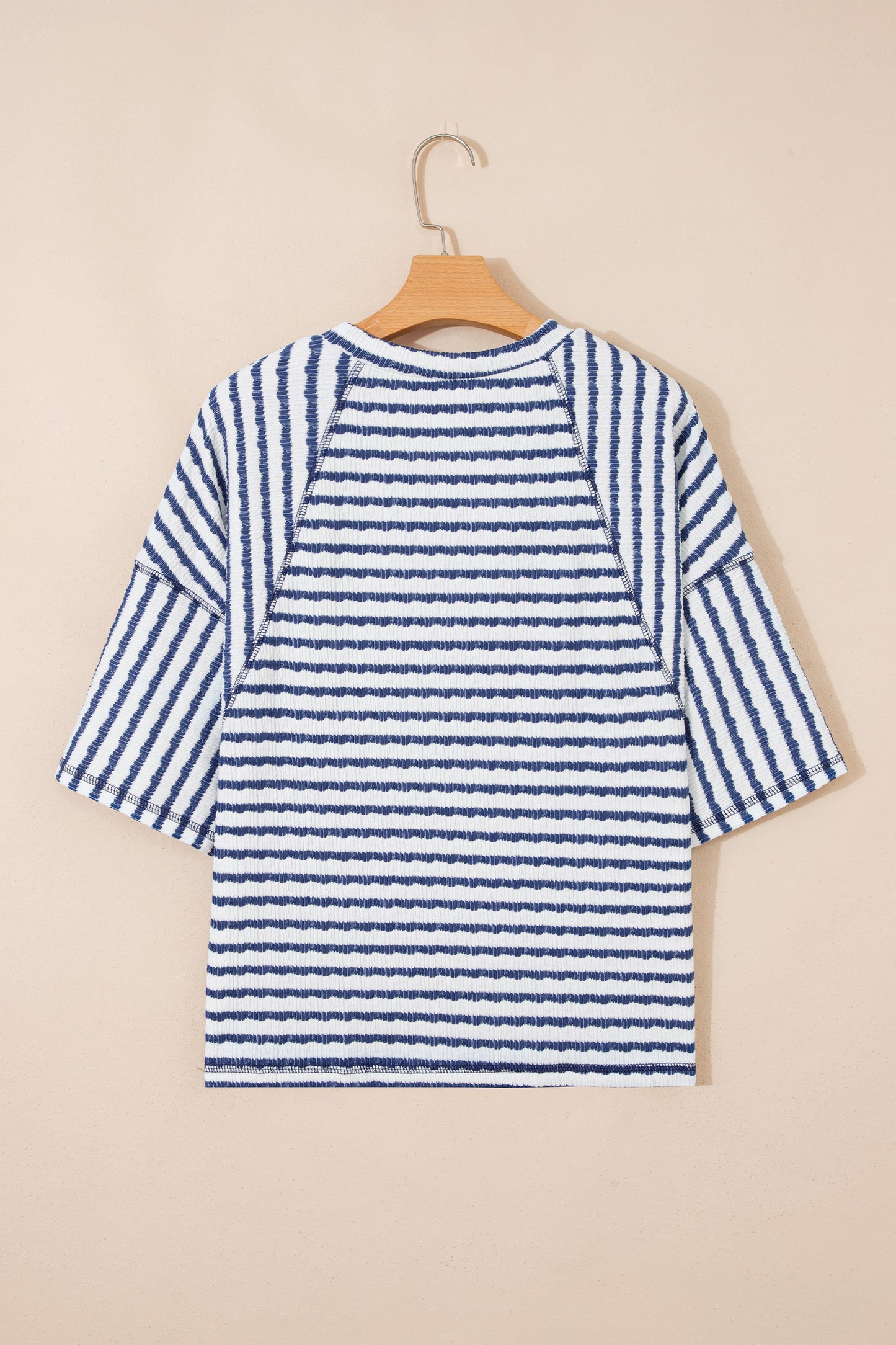 Blue Stripe Textured Knit Split Hem Half Sleeve Loose Top-Tops/Tops & Tees-[Adult]-[Female]-2022 Online Blue Zone Planet