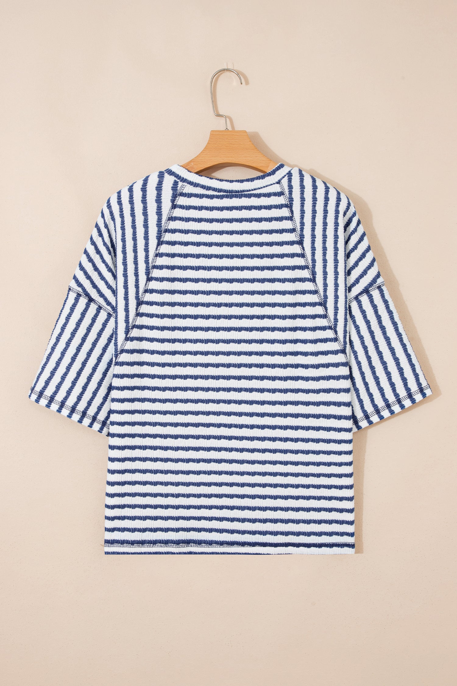 Blue Stripe Textured Knit Split Hem Half Sleeve Loose Top-Tops/Tops & Tees-[Adult]-[Female]-2022 Online Blue Zone Planet