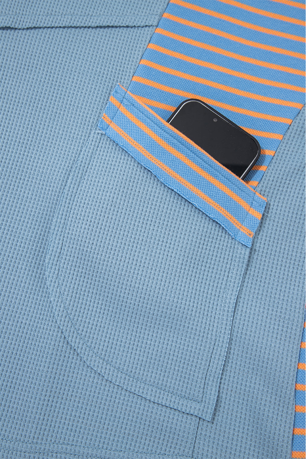 Dusk Blue Exposed Seam Waffle Striped Patchwork Baggy Pullover-Tops/Long Sleeve Tops-[Adult]-[Female]-2022 Online Blue Zone Planet