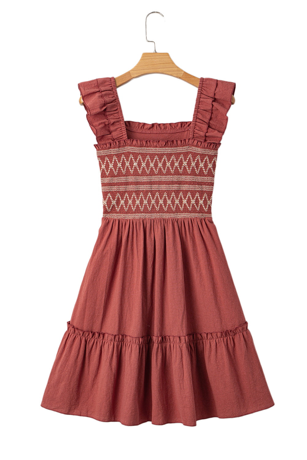 Red Sandalwood Geometric Stitch Shirred Bodice Ruffled Trim Sleeveless Mini Dress-TOPS / DRESSES-[Adult]-[Female]-2022 Online Blue Zone Planet