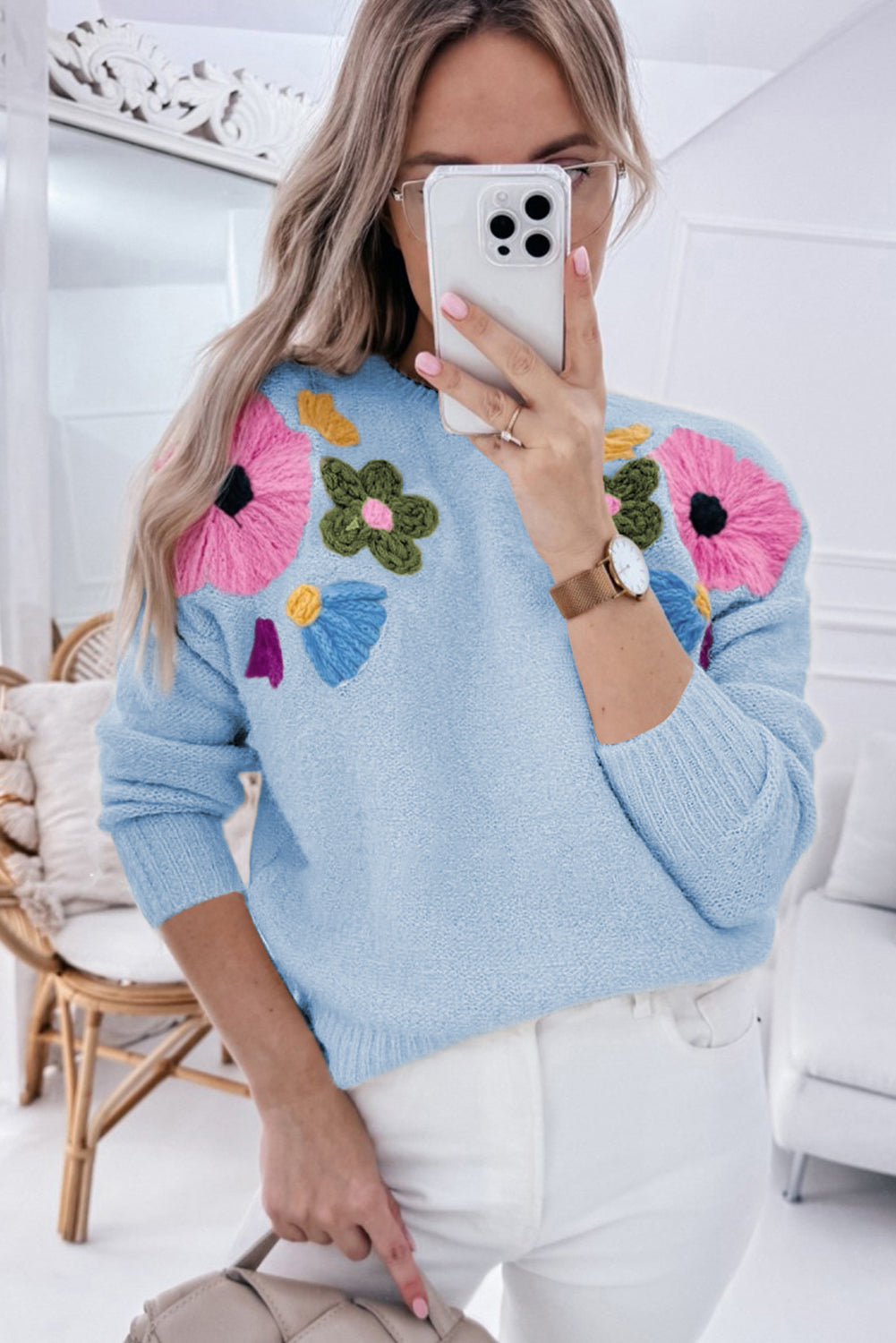 Light Blue Knitted Flower Pattern Ribbed Edge Sweater-Sweaters & Cardigans/Sweaters-[Adult]-[Female]-2022 Online Blue Zone Planet