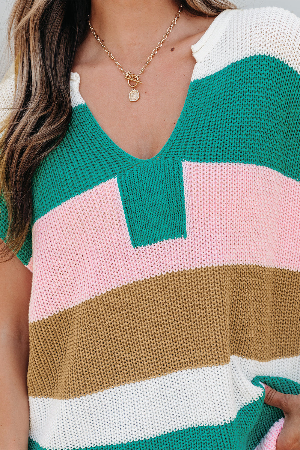 Multicolour Color Block Notch V Neck Sweater T Shirt-TOPS / DRESSES-[Adult]-[Female]-2022 Online Blue Zone Planet