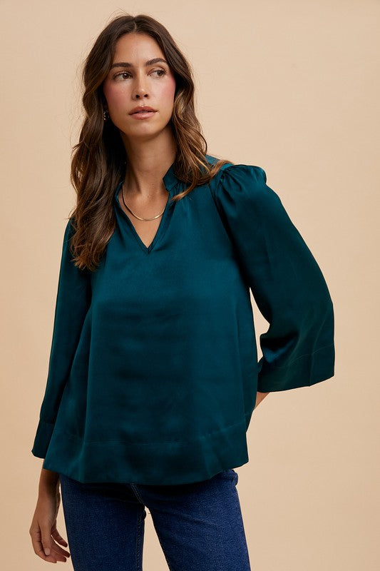 Annie Wear Satin Notched Three-Quarter Sleeve Blouse