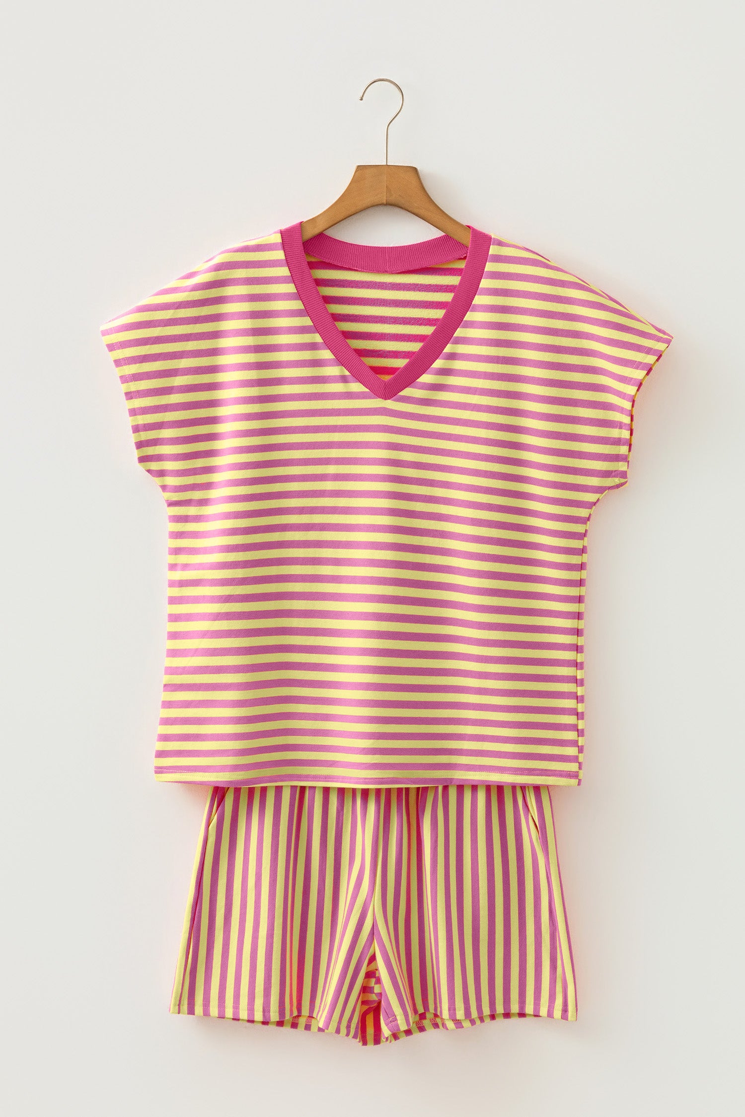 Green Stripe Colorblock Trim V Neck Tee Drawstring Elastic Waist Short Set-Two Piece Sets/Short Sets-[Adult]-[Female]-2022 Online Blue Zone Planet