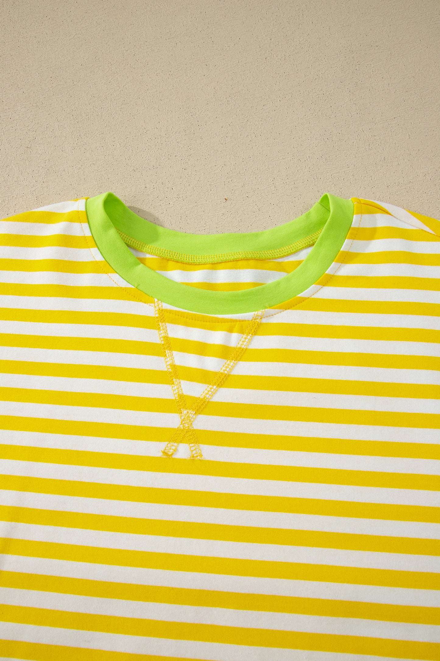Yellow Stripe Contrast Neck Loose Tee and Drawstring Shorts Set-Two Piece Sets/Short Sets-[Adult]-[Female]-2022 Online Blue Zone Planet