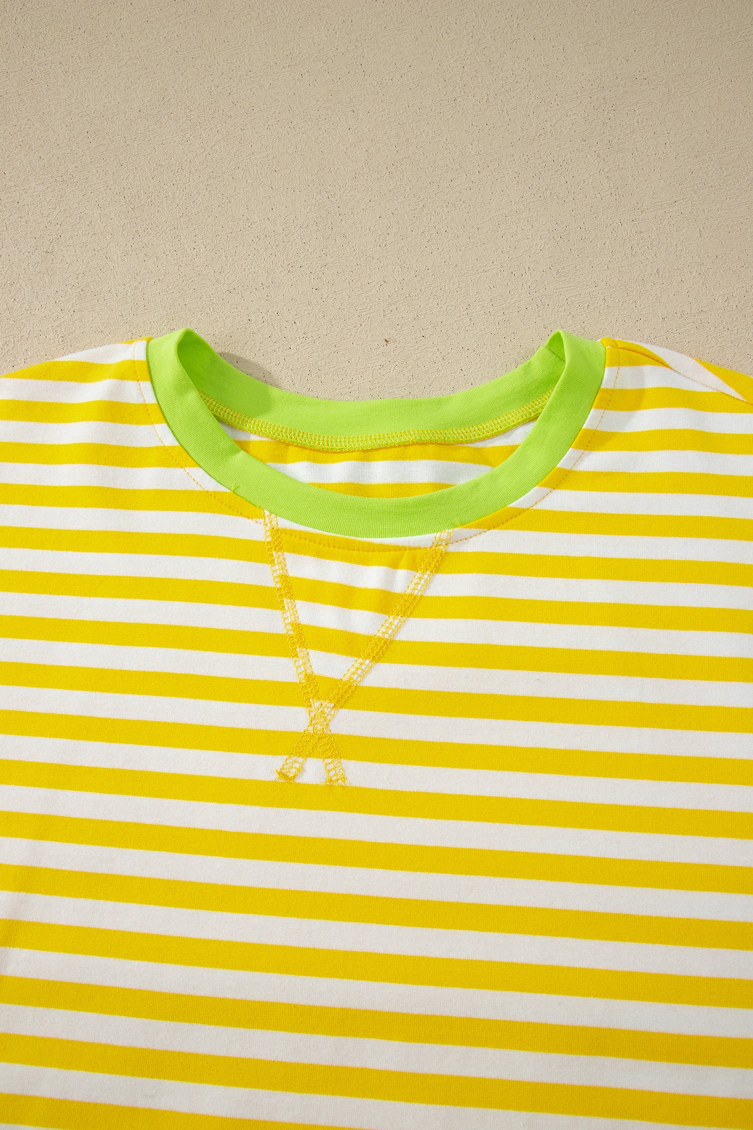 Yellow Stripe Contrast Neck Loose Tee and Drawstring Shorts Set-Two Piece Sets/Short Sets-[Adult]-[Female]-2022 Online Blue Zone Planet